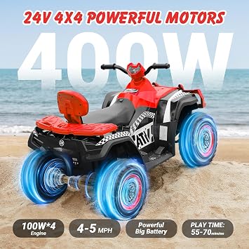 ELEMARA 24V 2 Seater Ride on ATV for Big Kids,Electric 4 Wheeler Kid Quad,Kids ATV Ride on 4 Wheeler with Total 400W Motors, 5mph Max Speed, LED Headlights, Music,Ride On Toys for Big Children, Red