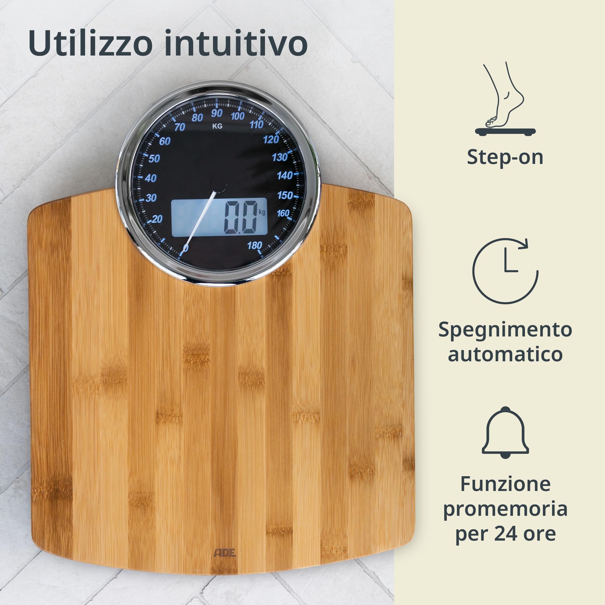ADE Bilancia pesapersone digitale con display analogico | grande display | risultati molto precisi fino a 180 kg | superficie di pesatura in vero legno di bambù