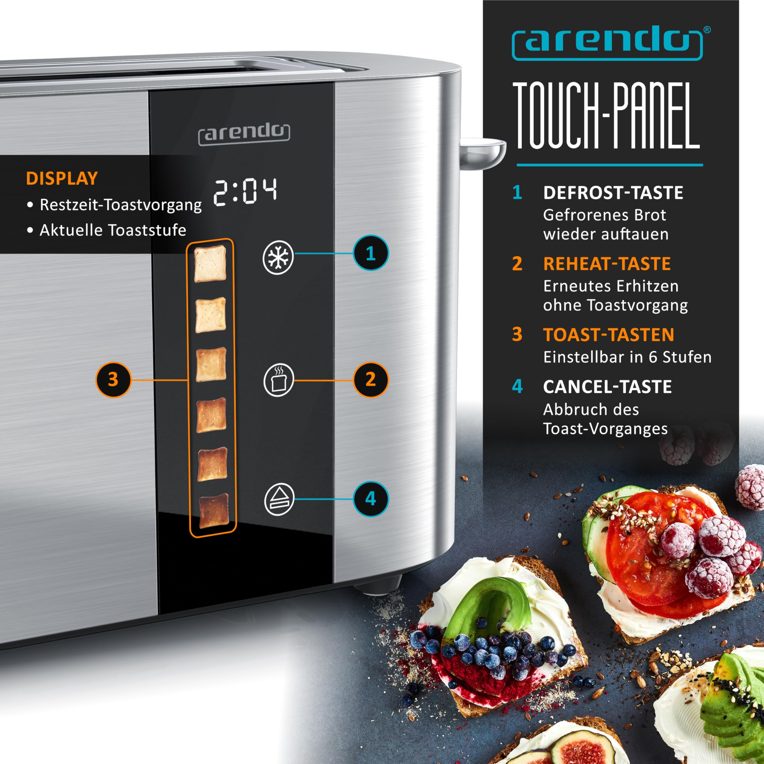Arendo - Edelstahl Toaster 2 Scheiben Langschlitz - Touchscreen – Doppelwandgehäuse – Integrierter Brötchenaufsatz – 6 Bräunungsgrade – Brotzentrierung – Restzeitanzeige – Memoryfunktion - Silber