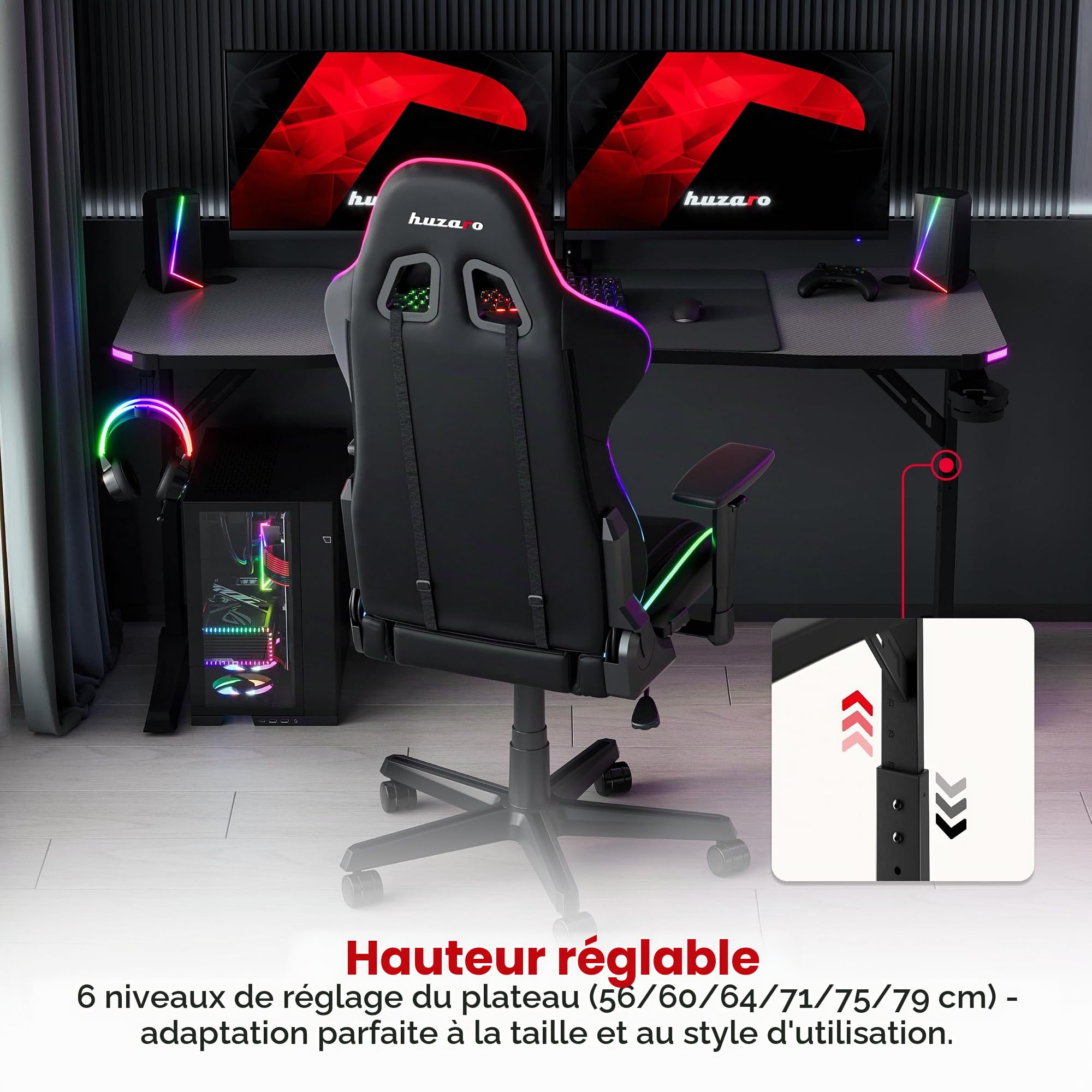 huzaro Hero 4.6 RVB Bureau Gaming réglable en Hauteur, Gestion des câbles