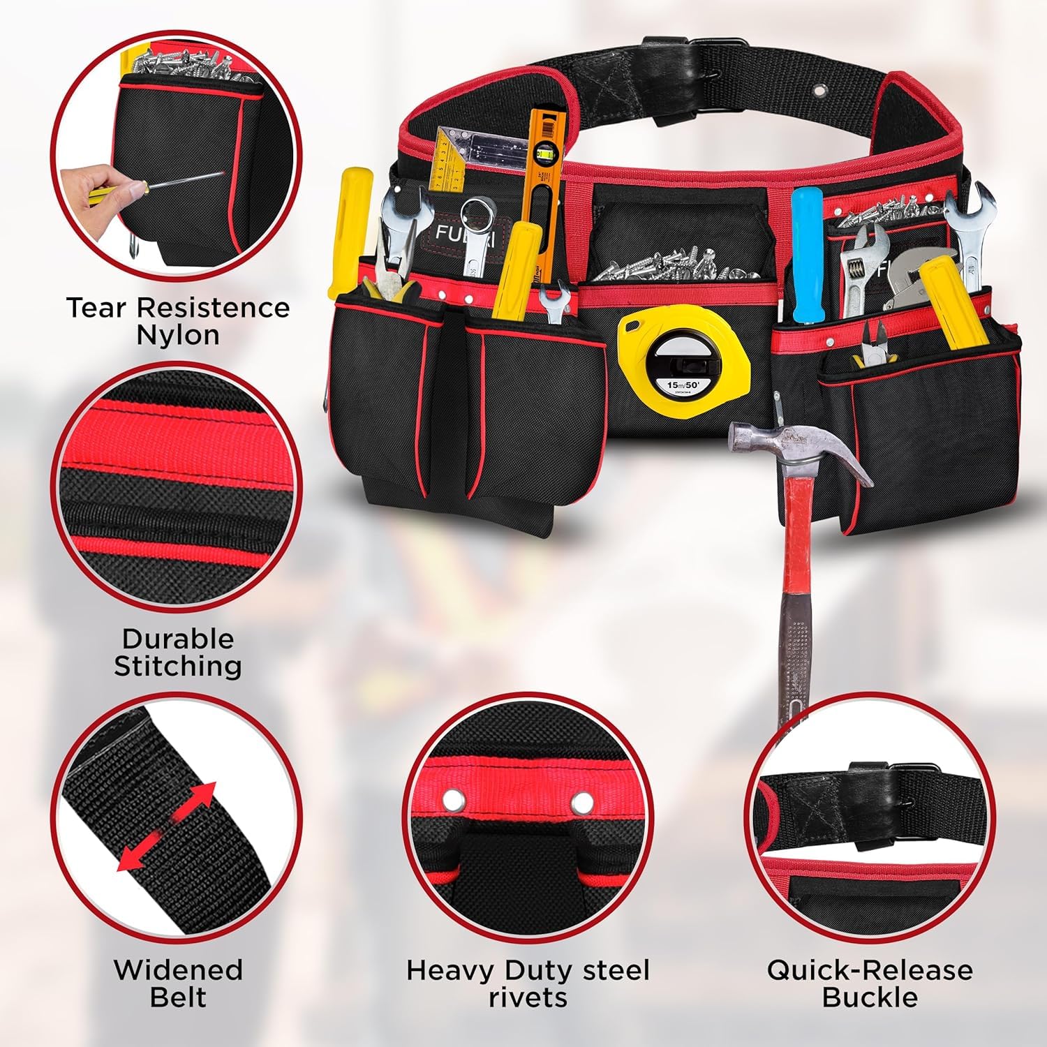 FUERI Bolsas de nailon para herramientas de 23 bolsillos para hombres, juego de bolsas de herramientas resistentes con cinturón para carpinteros, enmarcadores, electricistas y profesionales de HVAC.