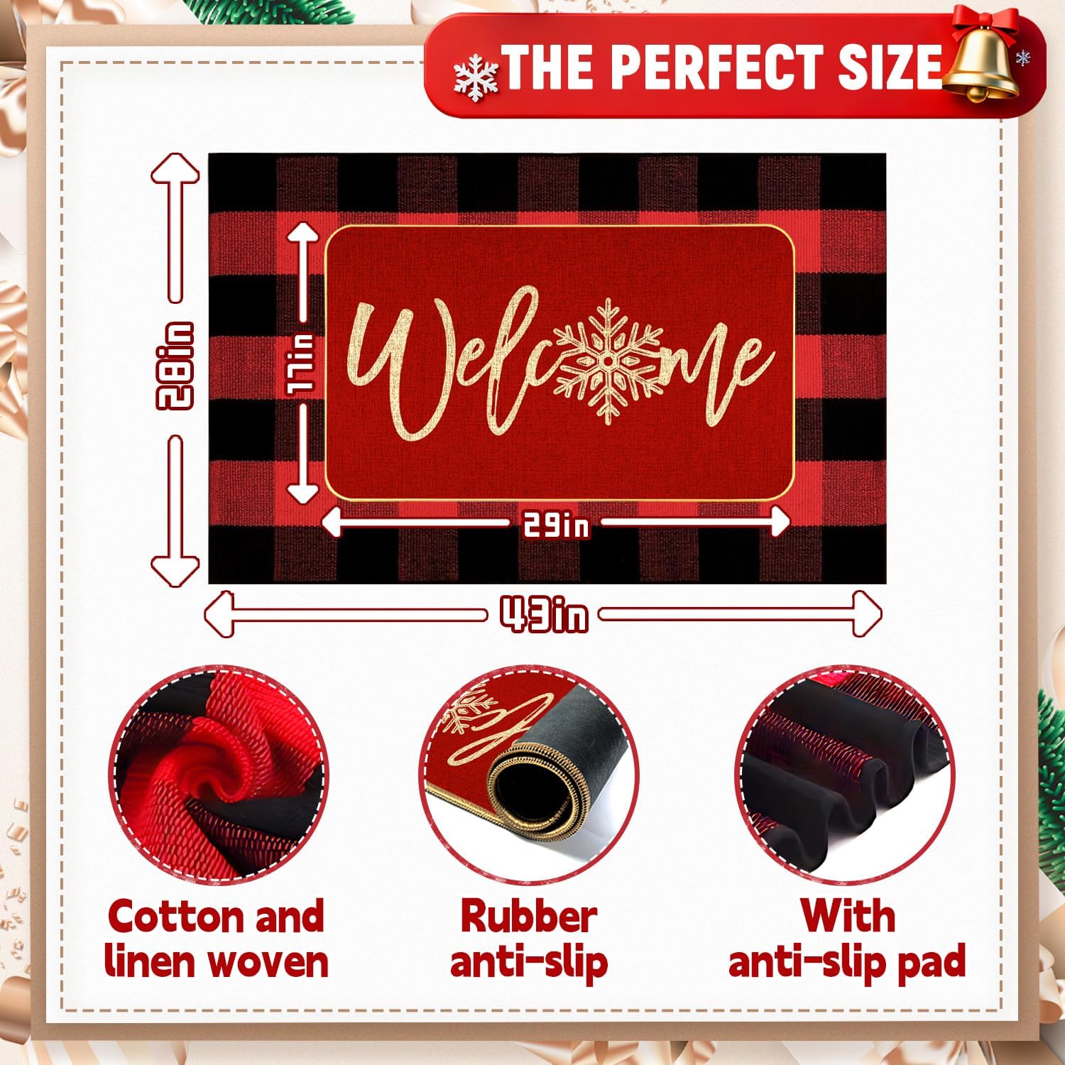 Christmas Door Mat Combo Set - Christmas Welcome Mat + 28 x 43 Inch Red and Black Plaid Rug, New Year Holiday Christmas Collection Doormat Layered Entryway Decor for Indoor Outdoor Use