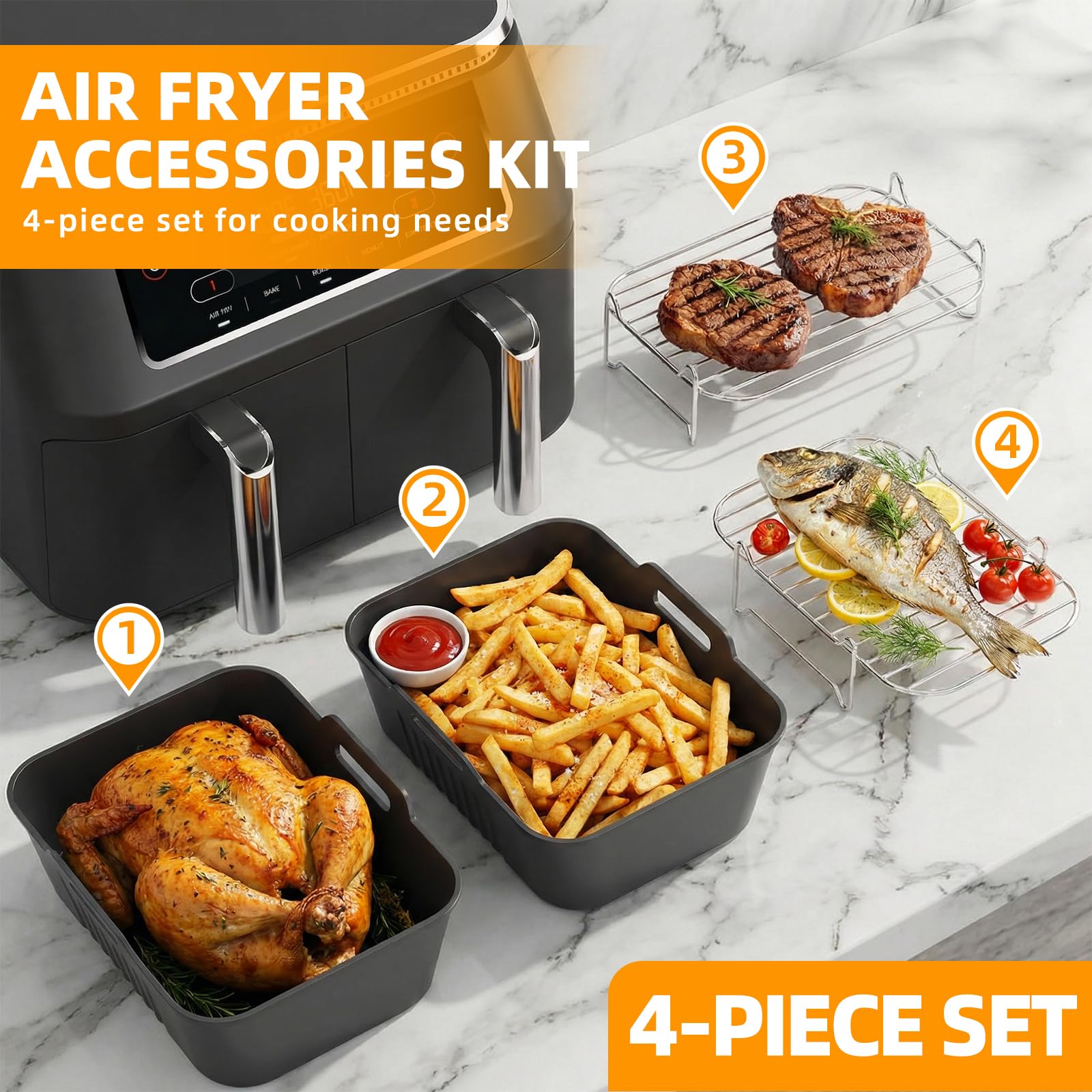 HONYAO Akcesoria do Frytkownicy na Gorące Powietrze, 4 sztuk Silikonowa Frytkownica Akcesoria do Ninja AF400EU DZ400EU SL400EU, Ruszt do Grillowania Akcesoria AirFryer do Dual Zone 8L-10L
