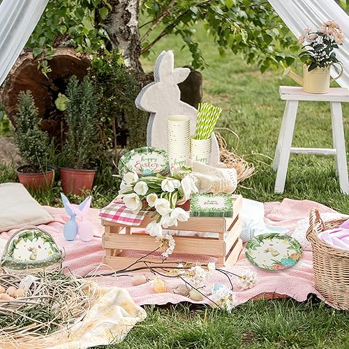 Miniatura 6 de Juego de vajilla desechable de Pascua de 125 piezas, platos de papel para decoración de Pascua, suministros para fiesta de Pascua, incluye platos,