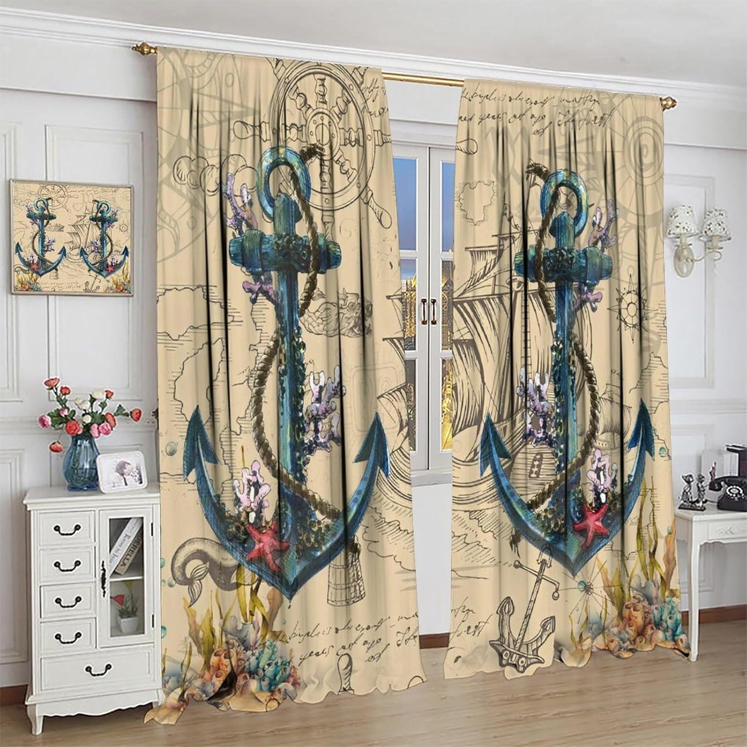 Nautical Blackout Curtains Anchor Compass Sailboat Starfish Colorful Coral Adventure Vintage Window Treatments for Kitchen Boys Bedroom Living Room 42" W X 45" L