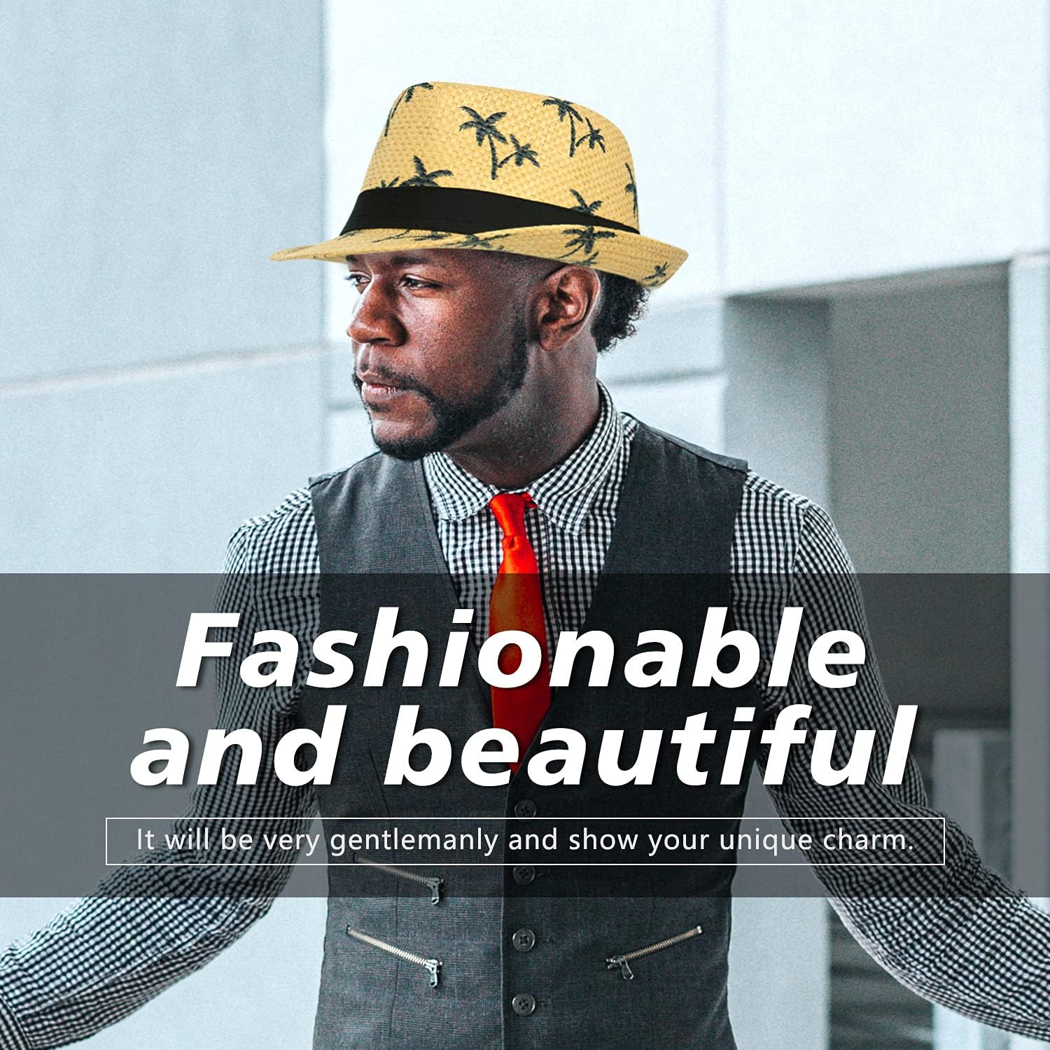 FADACHY Summer Straw Fedora Hat Short Brim Panama Sun Hat Trilby Beach Hat for Men & Women - Image 7