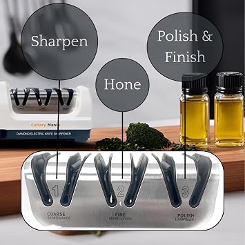 Simple Sharp Professional Electric Knife Sharpener | 3 Stage Precision Sharpening System for Straight and Serrated Blades with Diamond Abrasives | Effortless Precision Sharpening (White)