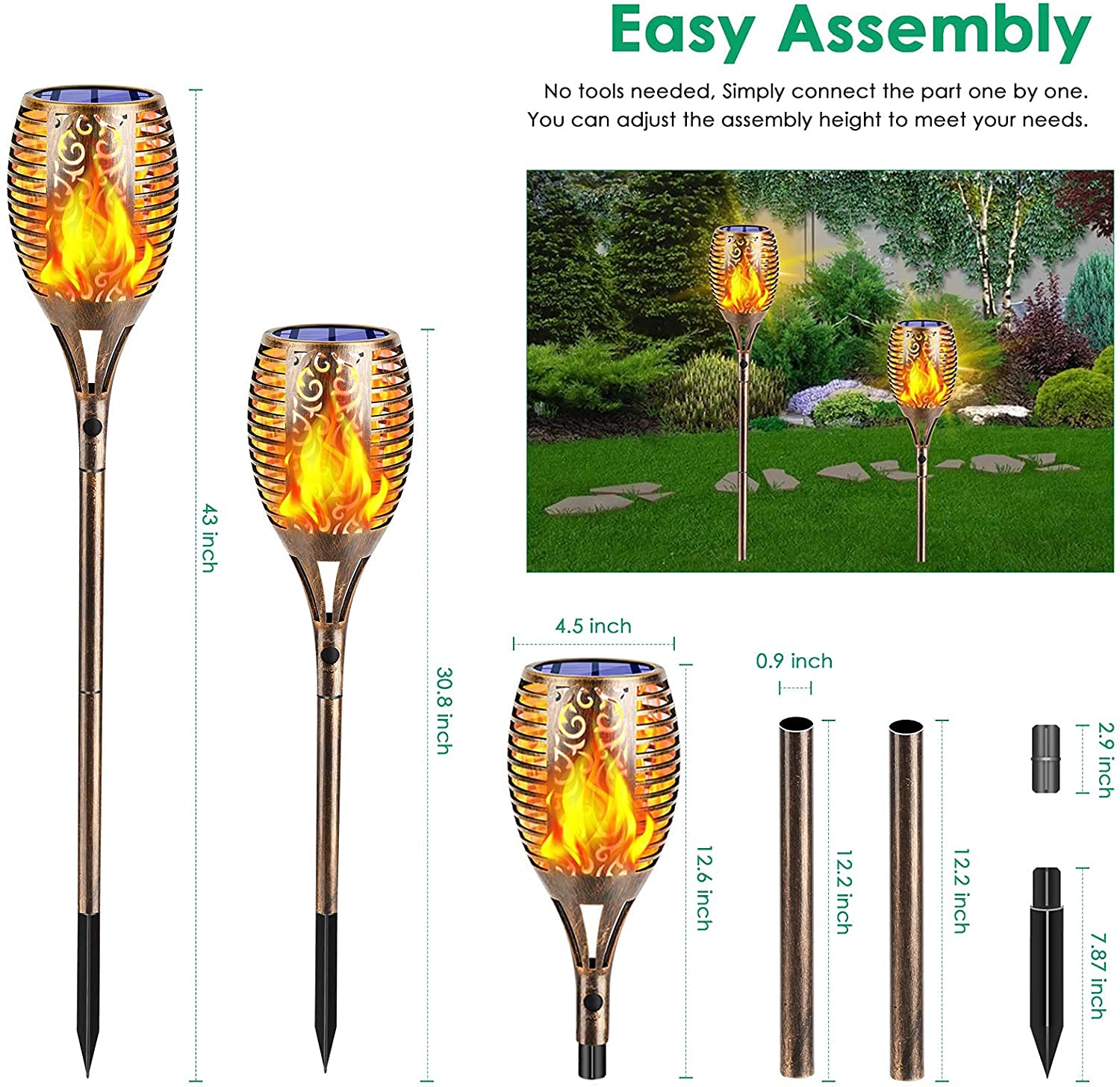 TomCare Luci solari per esterni, 99 LED, fiamma tremolante superiore e grande, 109,2 cm, decorative, impermeabili, ad energia solare, illuminazione paesaggistica, per giardino, patio, cortile