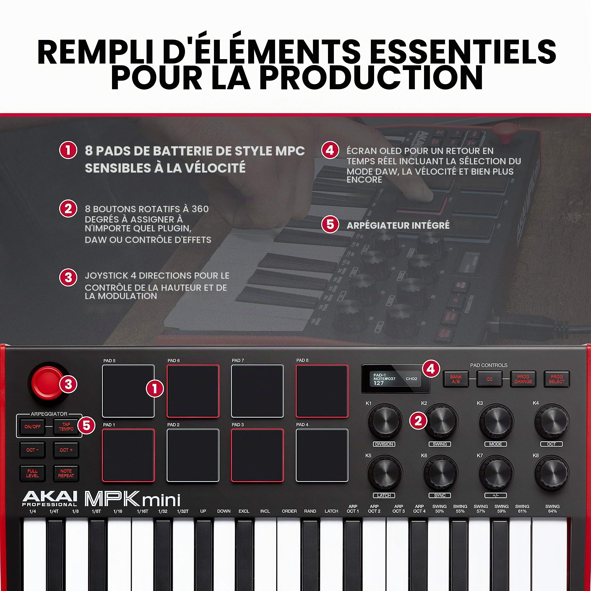 AKAI Professional MPK Mini MK3 et SP-2 - Clavier MIDI USB 25 Touches Sensibles, Pads et Joystick et Pédale de Sustain de Type Piano