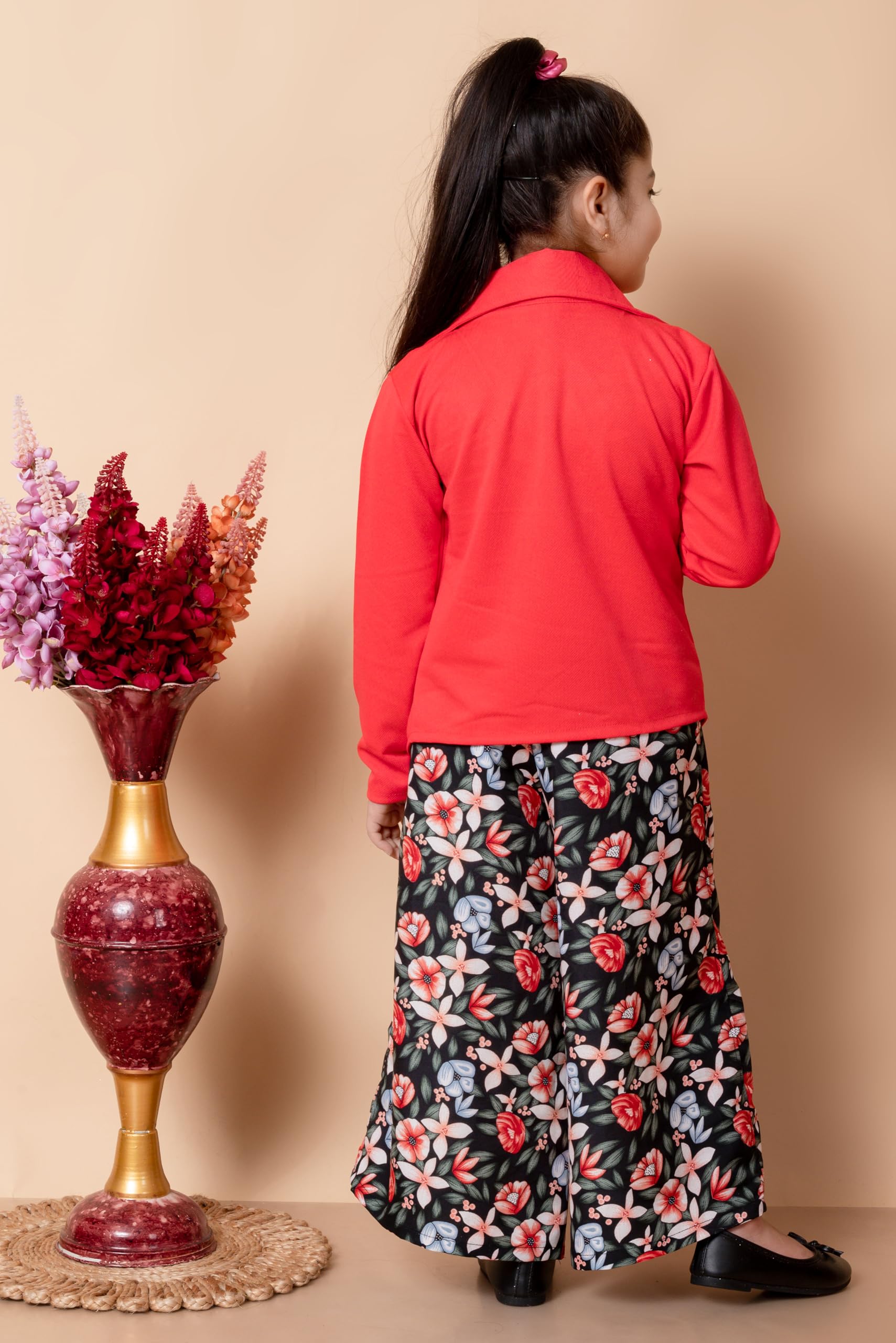 SPAMitude Girls Self Designed Premium Cotton Jacket Jumpsuit Dress | Floral Printed Jumpsuit Jacket Set for Birthday Girl (10-11 years, Red) - Image 2 thumbnail