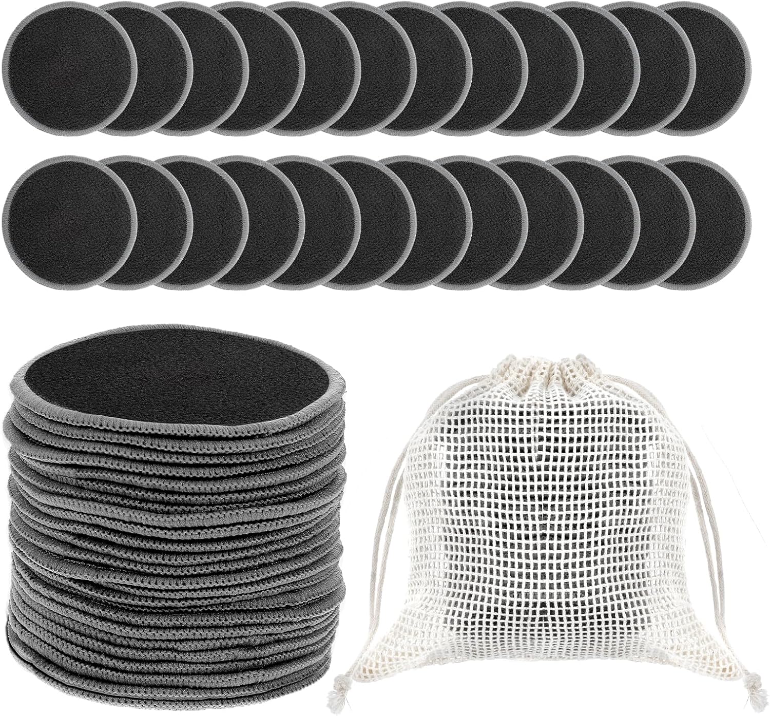 JIEYAO Afschminkpads, wasbaar, 24 stuks, herbruikbare wattenschijfjes van bamboekolen, duurzaam, zacht, met waszak, voor het verwijderen van make-up, voedingsinzetstukken voor gezichtsreiniging