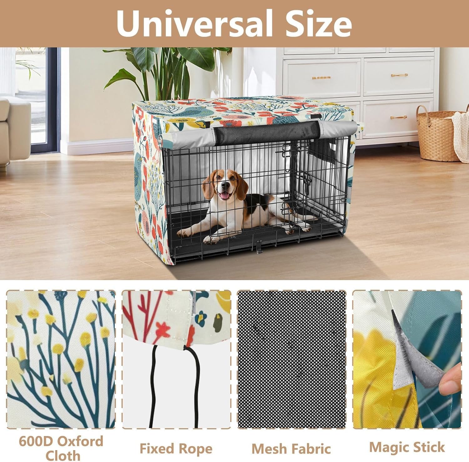 Spring Floral Birds Dog Crate Covers Windproof, S-XL Water-Resistant Covers for Pet Cages, Large