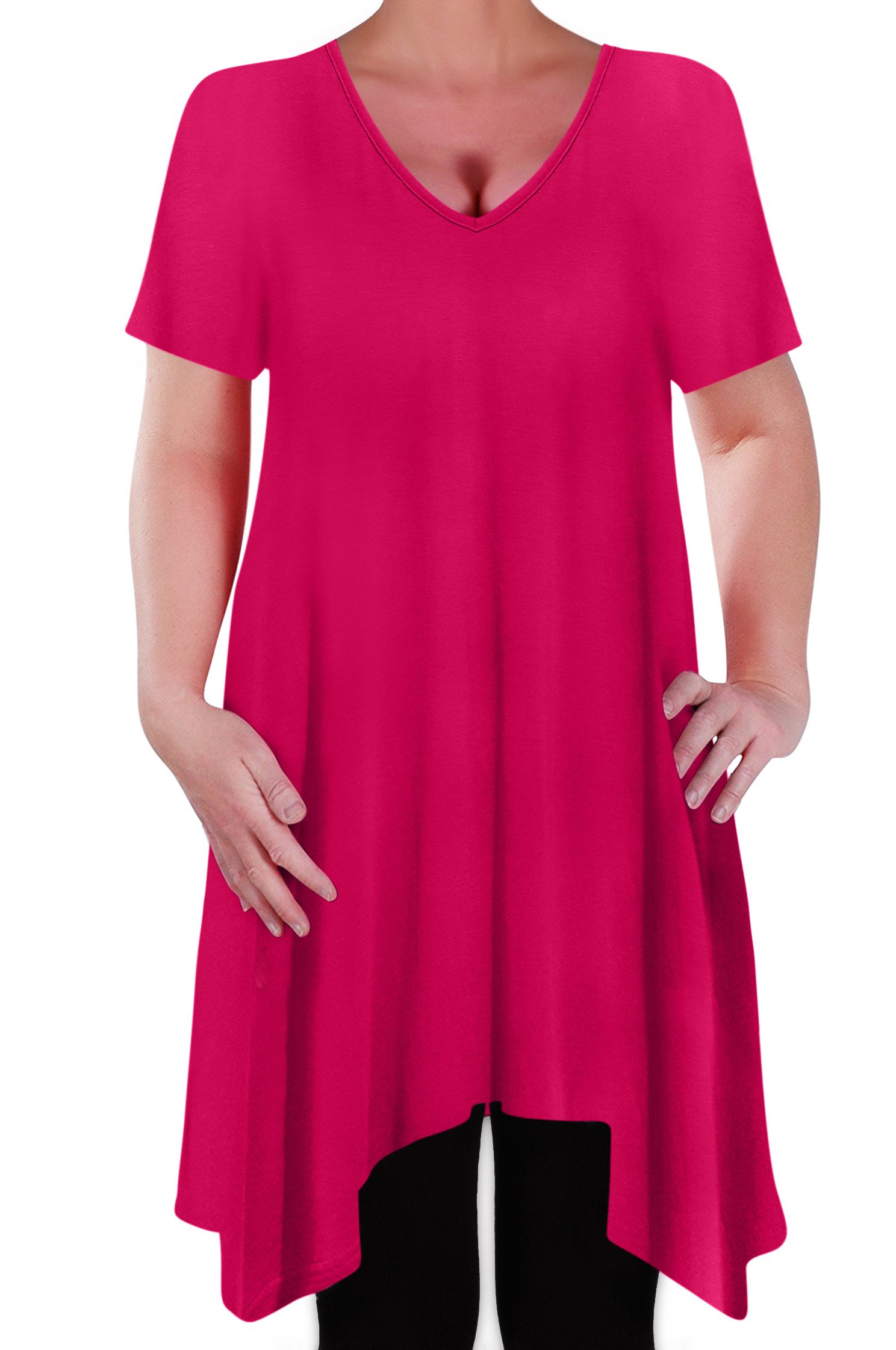 Eye Catch Women's Fushia - Olivia Casual V Neck Long Tunic Uneven Hem Plus Size Flared Top Size 20