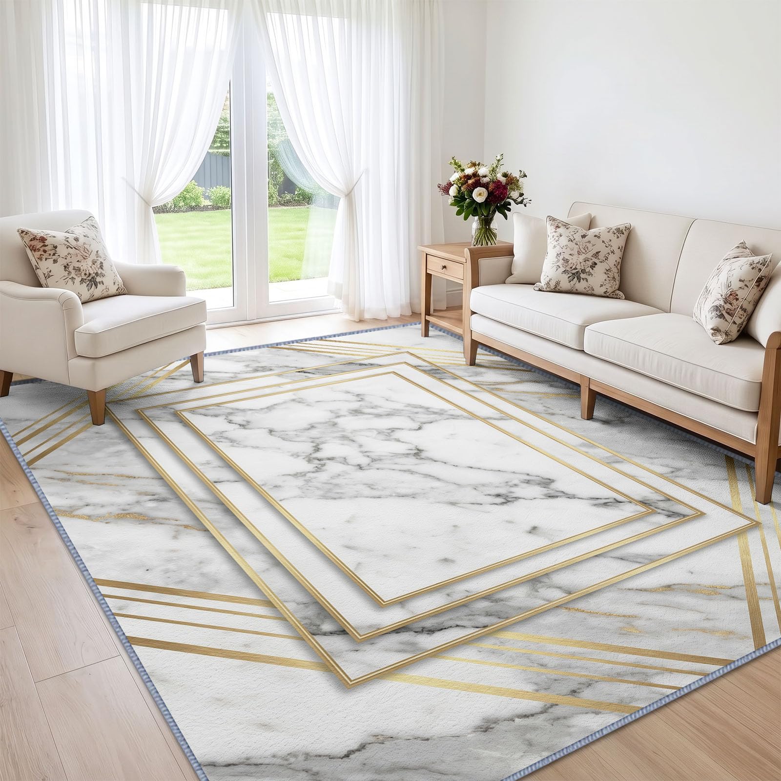 Dywan antypoślizgowy w stylu art deco do salonu, 160 x 230 cm, do sypialni, marmurowa tekstura, złote obramowanie, miękki, krótki, można prać w pralce, nie gubi włosia