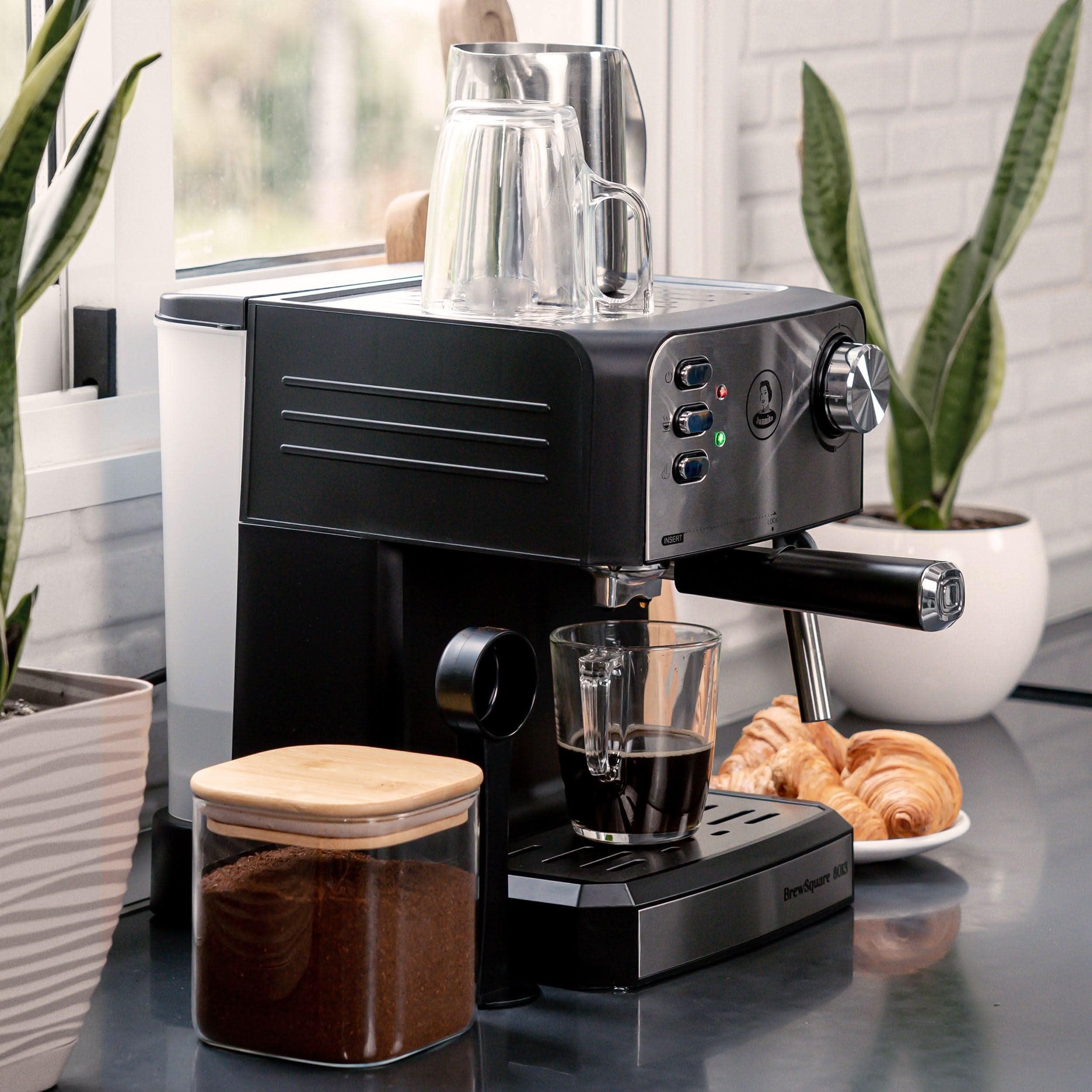 Juanita Brewsquare Macchina Caffè 850W, Macchina Caffe Cialde 20Bar, Coffe Machine 1.6L, Doppia Uscita, Braccio Vaporizzato, Macchinetta Caffe Inox per Espresso e Capuccino, Include Accessori