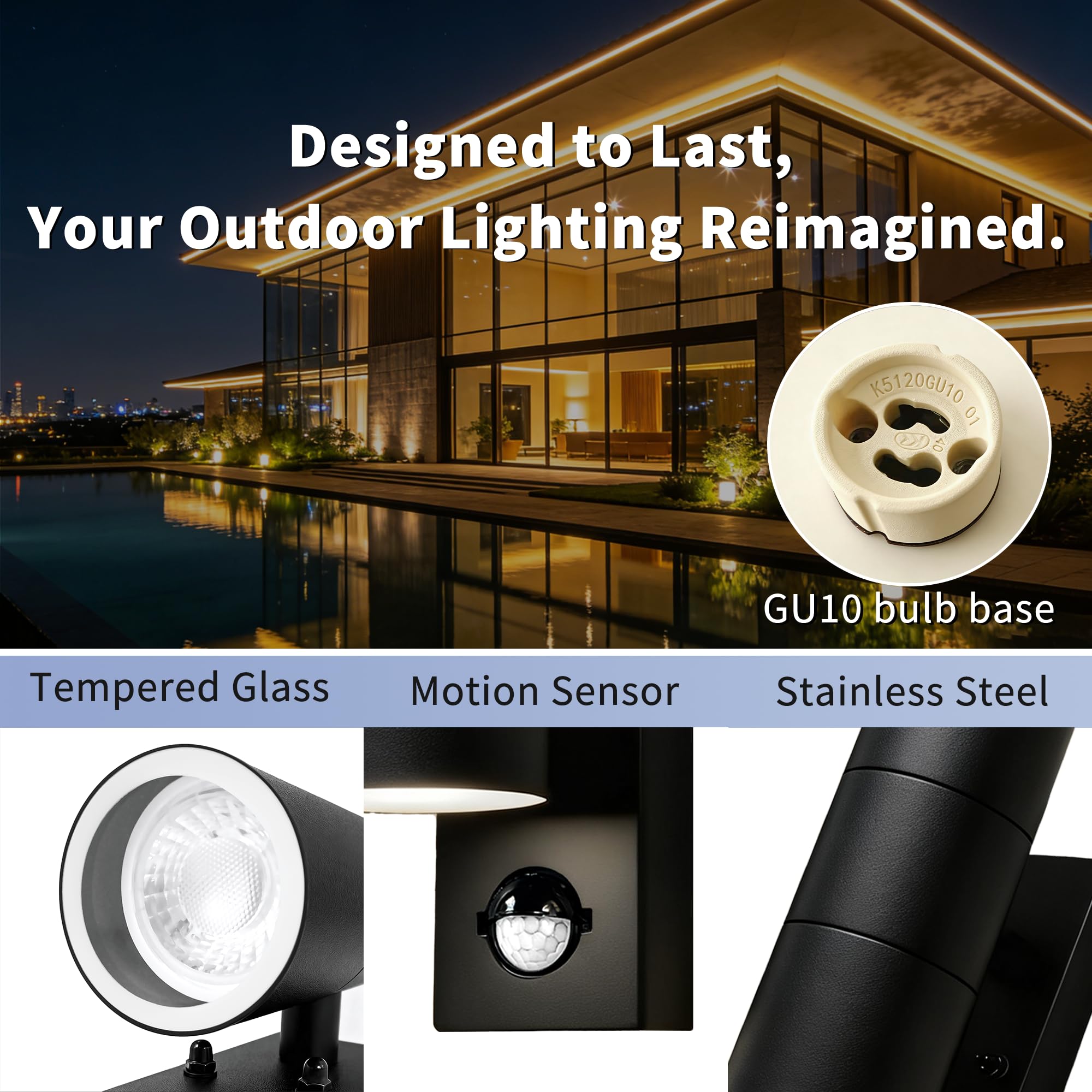 PIR Außenlampe mit Bewegungsmelder Up and Down 230V GU10 | Edelstahl Wandlampe Aussen mit 4×5W GU10 Glühbirne(3000 K),IP54 Wasserdichte LED Aussenleuchten Hauswand,2Stück-Schwarz