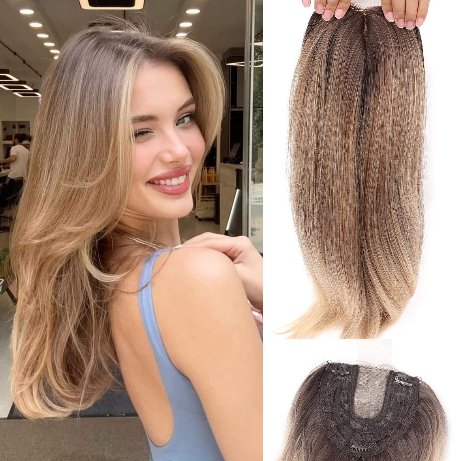Photo 1 of Lumhun 18Inch Hair Toppers for Women with Thinning Hair, Heat Resistant Fibre Synthetic 6.5" x 6.5" Base, Curly Wavy Topper for Women (Ombre Light Brown to Blonde,18inch)