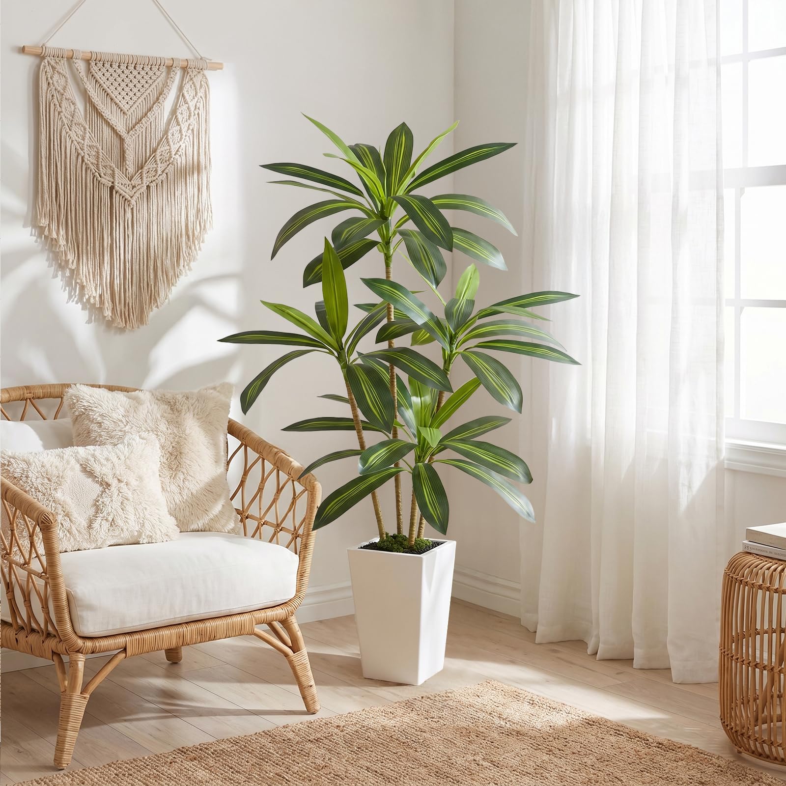 Dracaena Artificiel 160 cm Arbre Artificiel Interieur avec Pot Blanc Plante Artificielle Grande Tropical