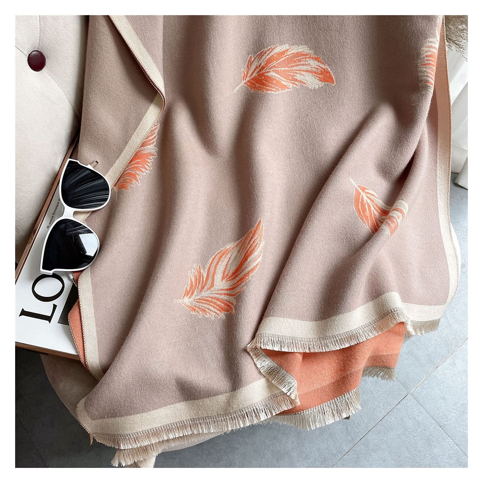 szalik z nadrukiem piór Damski szalik wełniany Zimowe szale Szale Okłady Koc Nowe ciepłe szaliki (kolor: khaki, rozmiar: 180-65cm) (różowy 180) (Khaki 180)