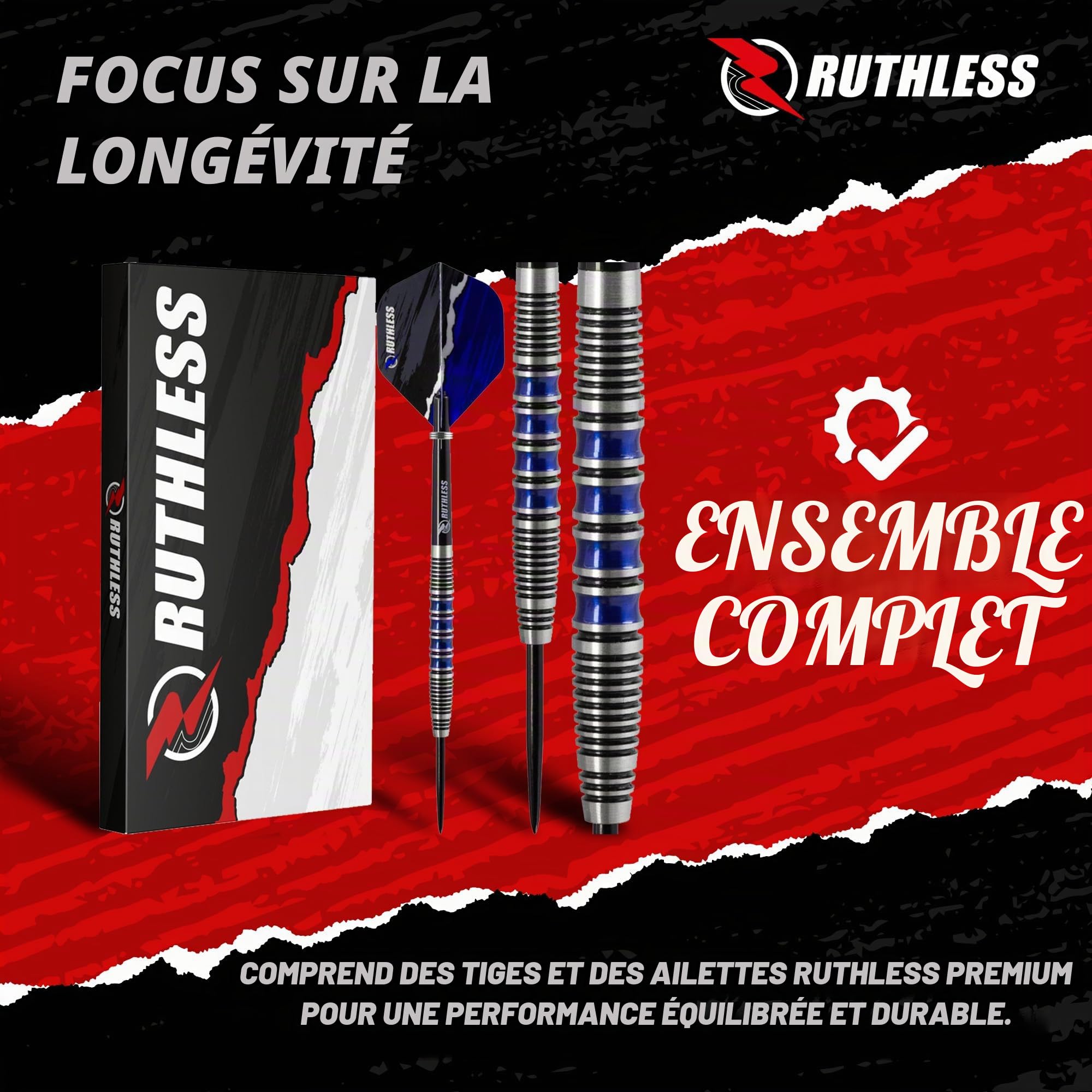 RUTHLESS Blue Falcon Jeu de fléchettes professionnelles en tungstène avec ailettes et tiges 23 g et 25 g