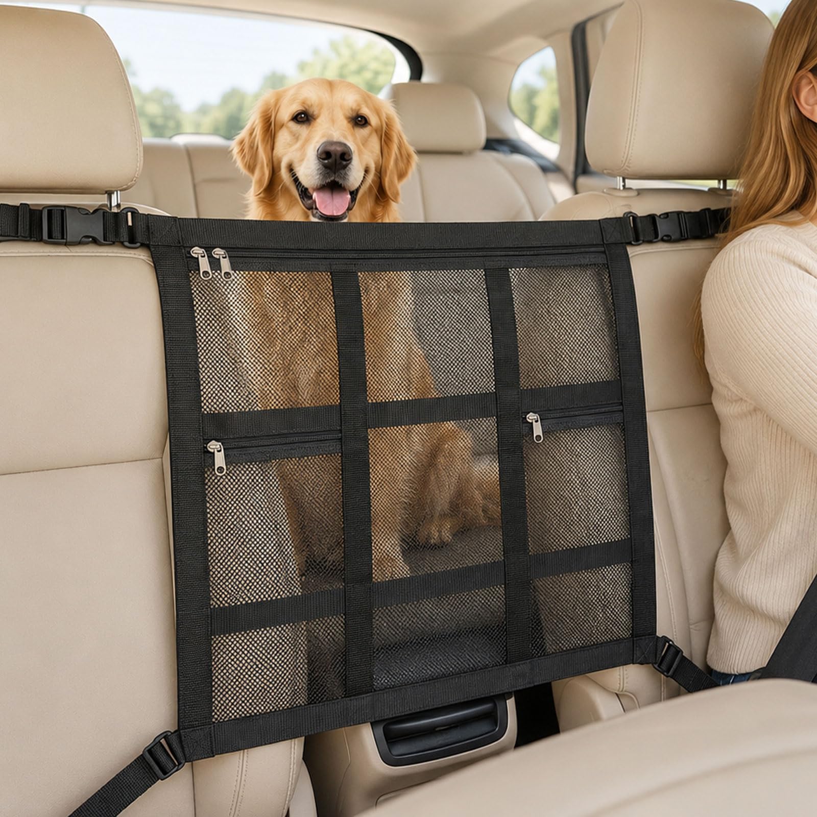 Dog Car Barrier for SUV, Adjustable Mesh Divider with Storage Pockets