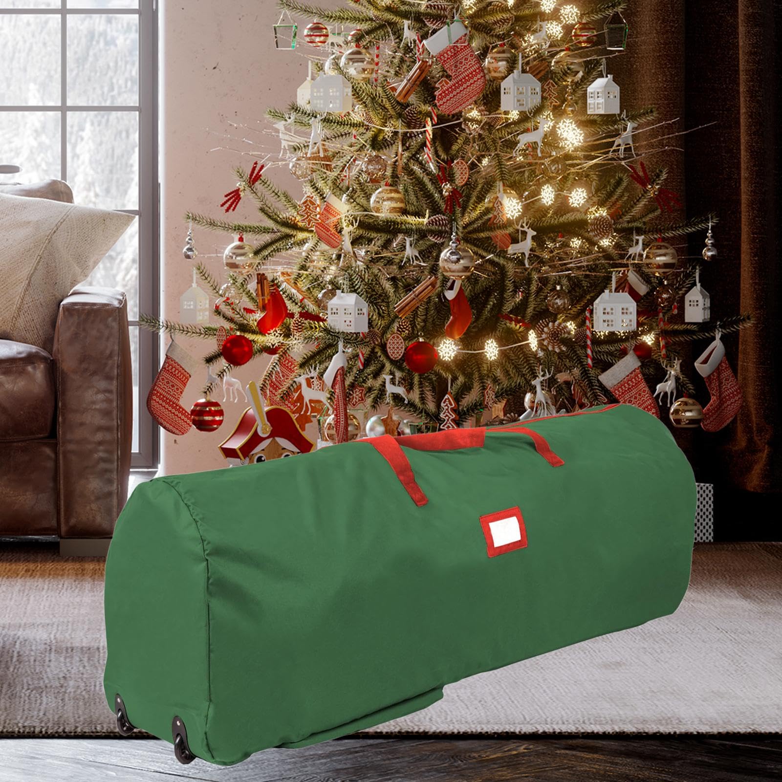 Borsa Portaoggetti per Albero di Natale con Ruote per Riporre in Sicurezza Gli Articoli Natalizi, Verde