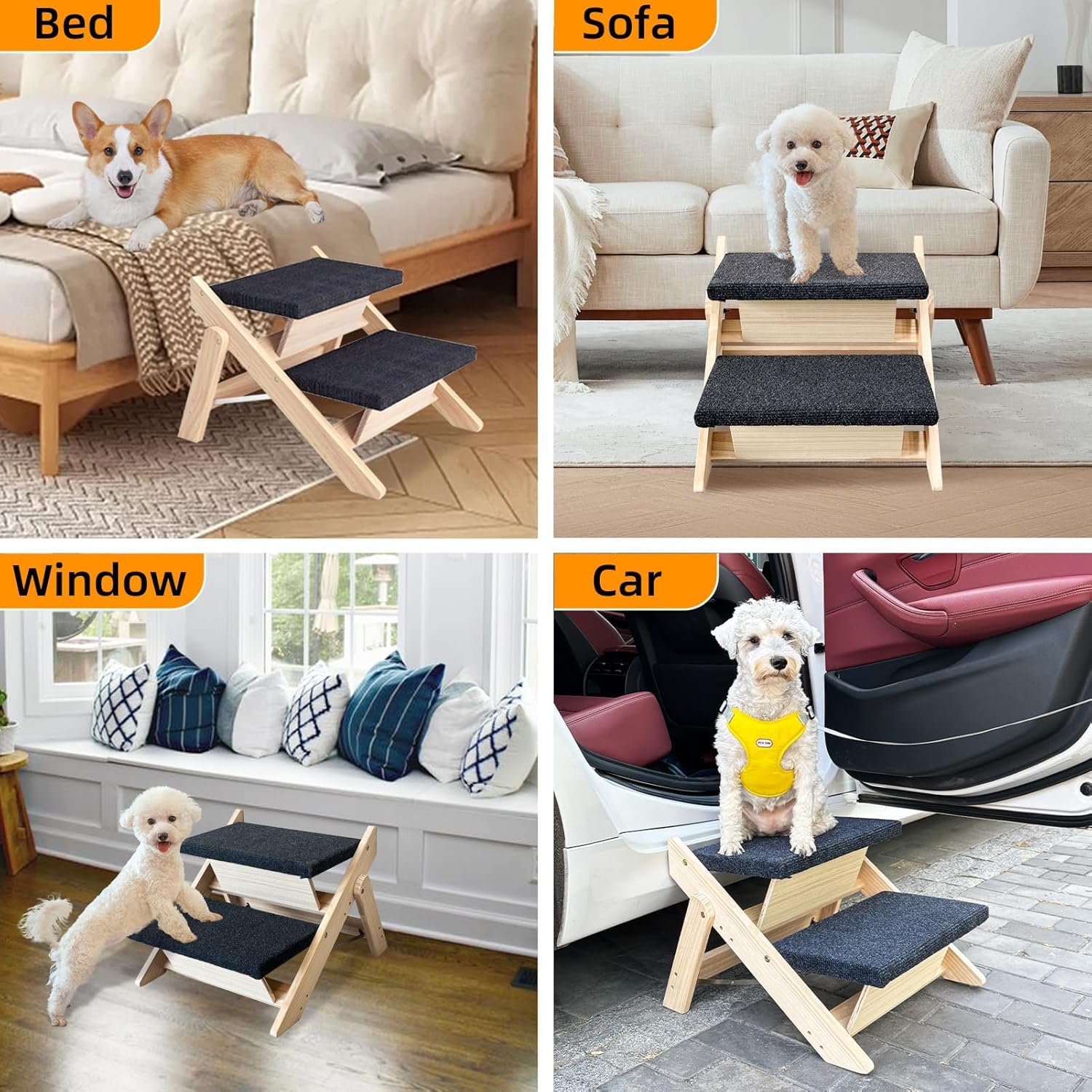 Marche et Ramp 2-en-1 pour Chien en Bois, Pliable et Portable, Échelle Antidérapante pour Lits Hauts, Canapés et Voitures (Noir, 46x33x40 cm)