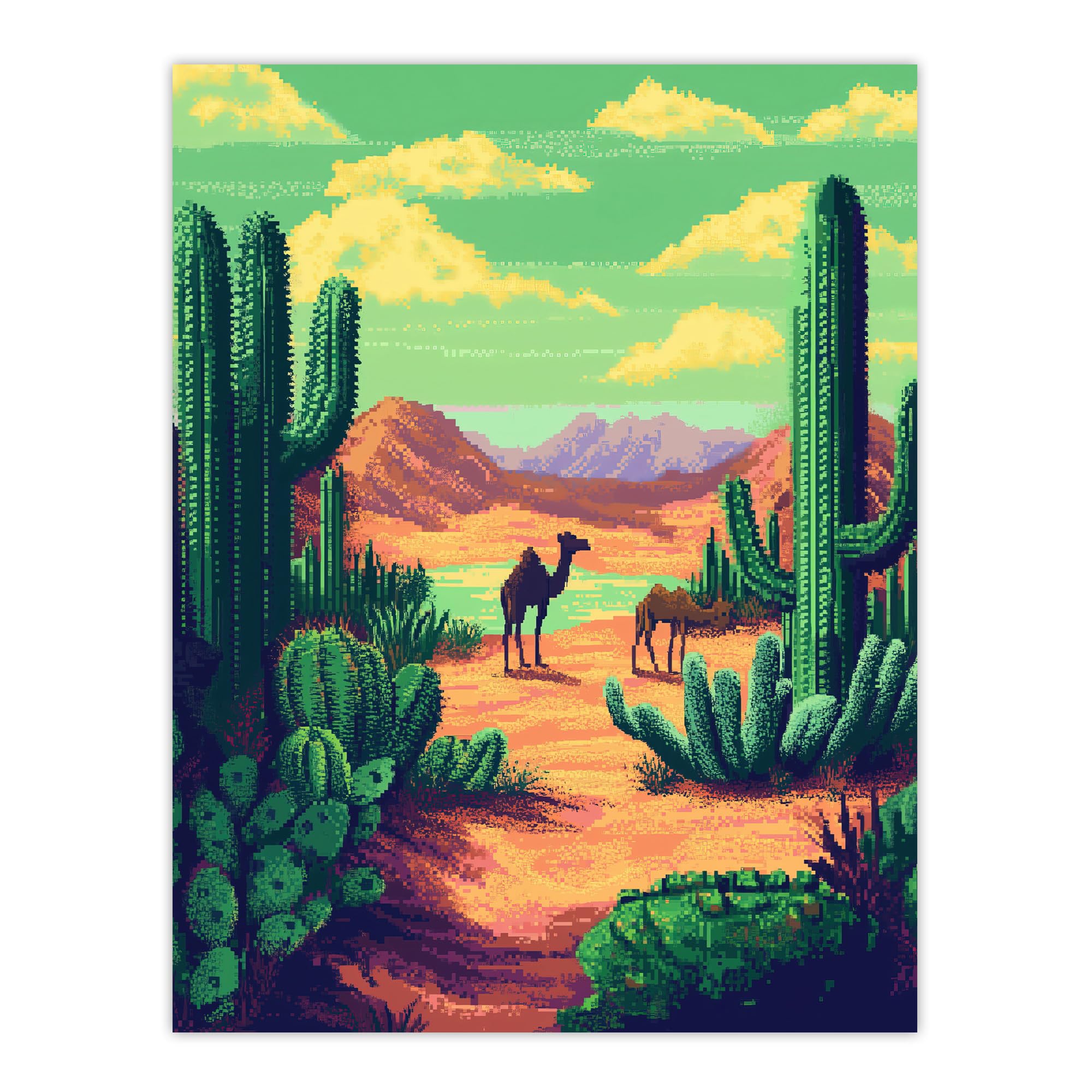 Artery8 Pixel Art Landscape Print - Camels in Desert Cacti Oasis - Green - W18" x H24"