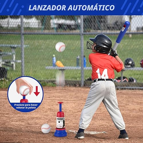 Miniatura 4 de Juego de béisbol 3 en 1 para niños de 3 a 5 años, soporte de pelota en camiseta, camiseta colgante, lanzador de bolas y 6 bolas de softball, altura