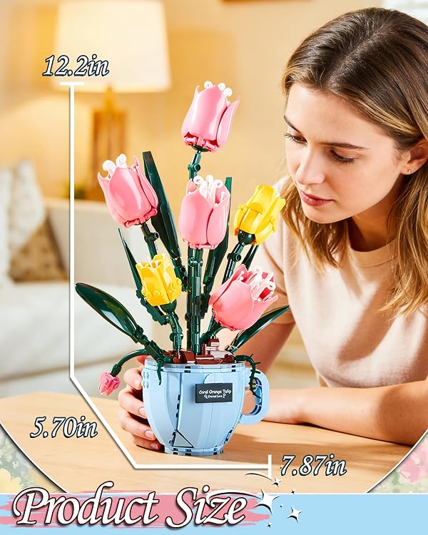 Tulip Flower Building Blocks Set, Compatible with Lego Flower, 551 PCS Coffee Cup Vase Botanical Building Kit, Forever Artificial Plant DIY Creative Home Office Decor, Ideal for Adults by Brixfun - Used condition - Image 4