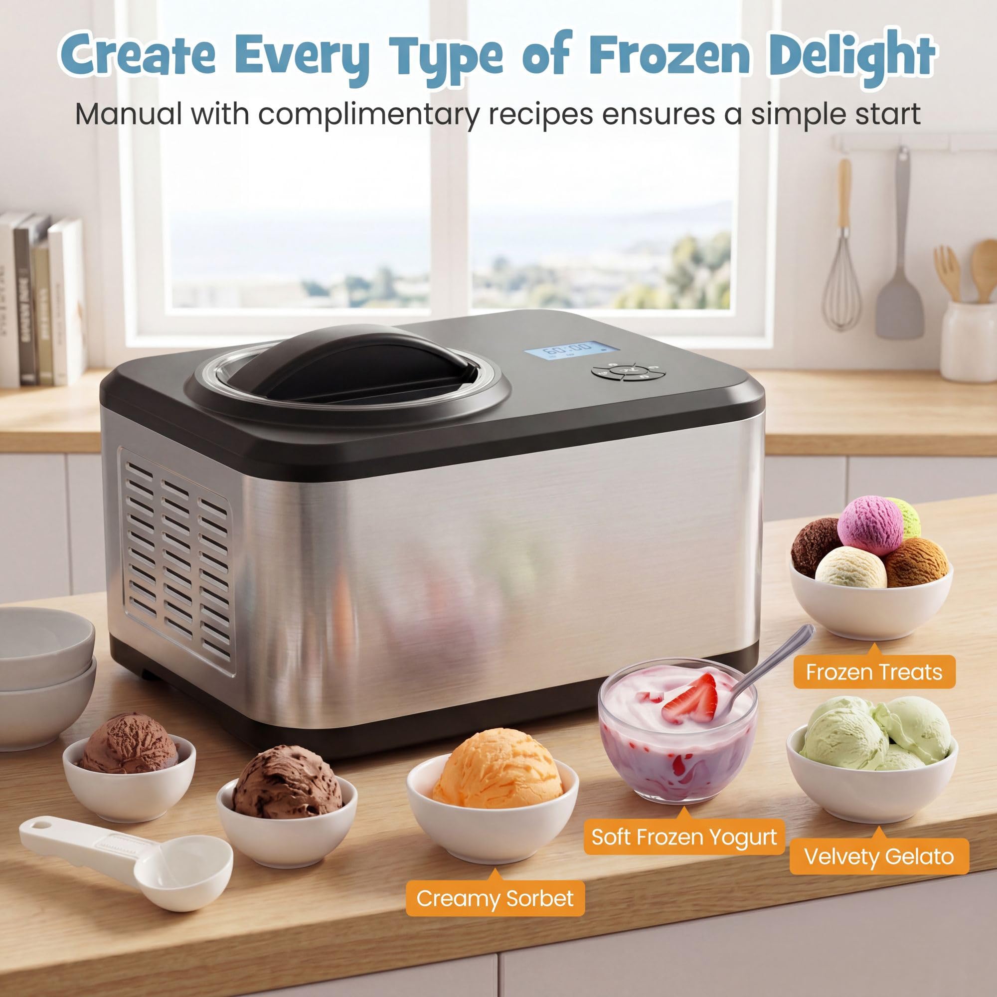 LIFEZEAL Gelatiera Autorefrigerante 1,5 L con Compressore, 120W Macchina per Gelato 4 Modalità, per Frozen Yogurt e Gelato, Display LED, Timer 24H, Cestello Rimovibile e Misurino, Acciaio Inox, Nero