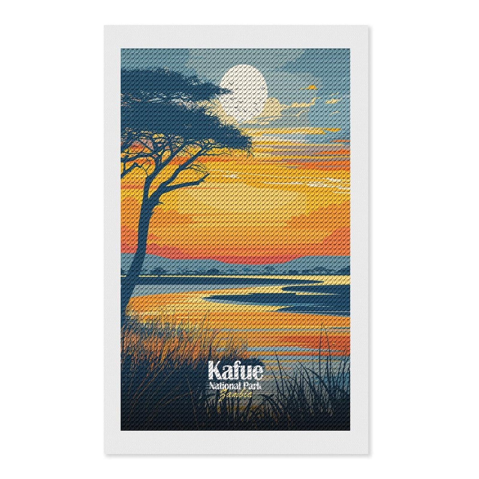 Junmoney Kafue National Park Zambia Illustration Round Drill Diamond Painting 12"x20", for Adults, Creative Leisure Activity, Office Decor, Holiday Gift Idea