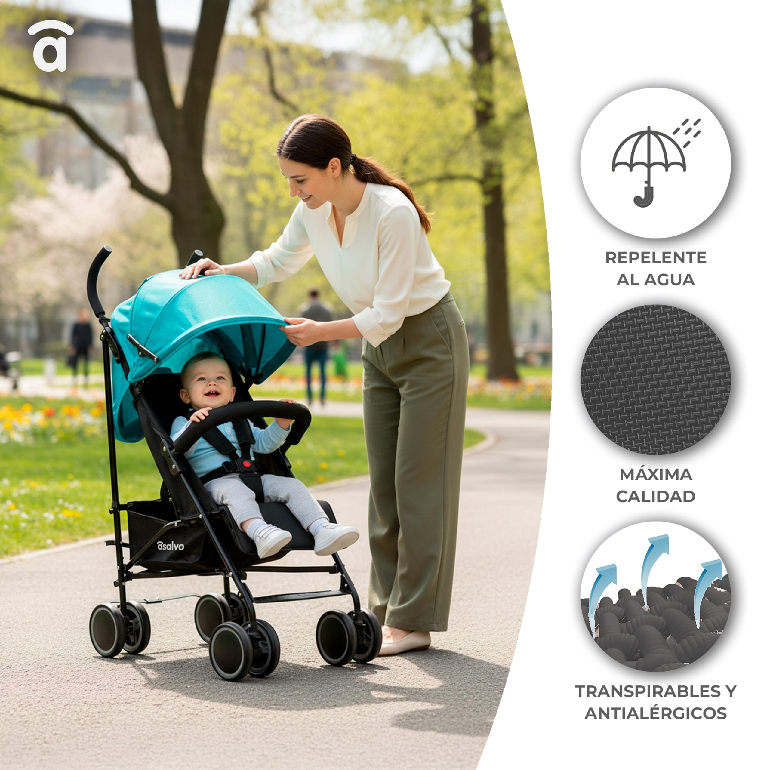 Asalvo TOKYO Silla de Paseo Ultraligera para bebé, Carrito de paseo, Respaldo Reclinable, Cochecito urbano, Arnés 5 Puntos, SPF50+, Capota con Ventana, Manejable y Máxima Seguridad, Hasta 16kg, Negro