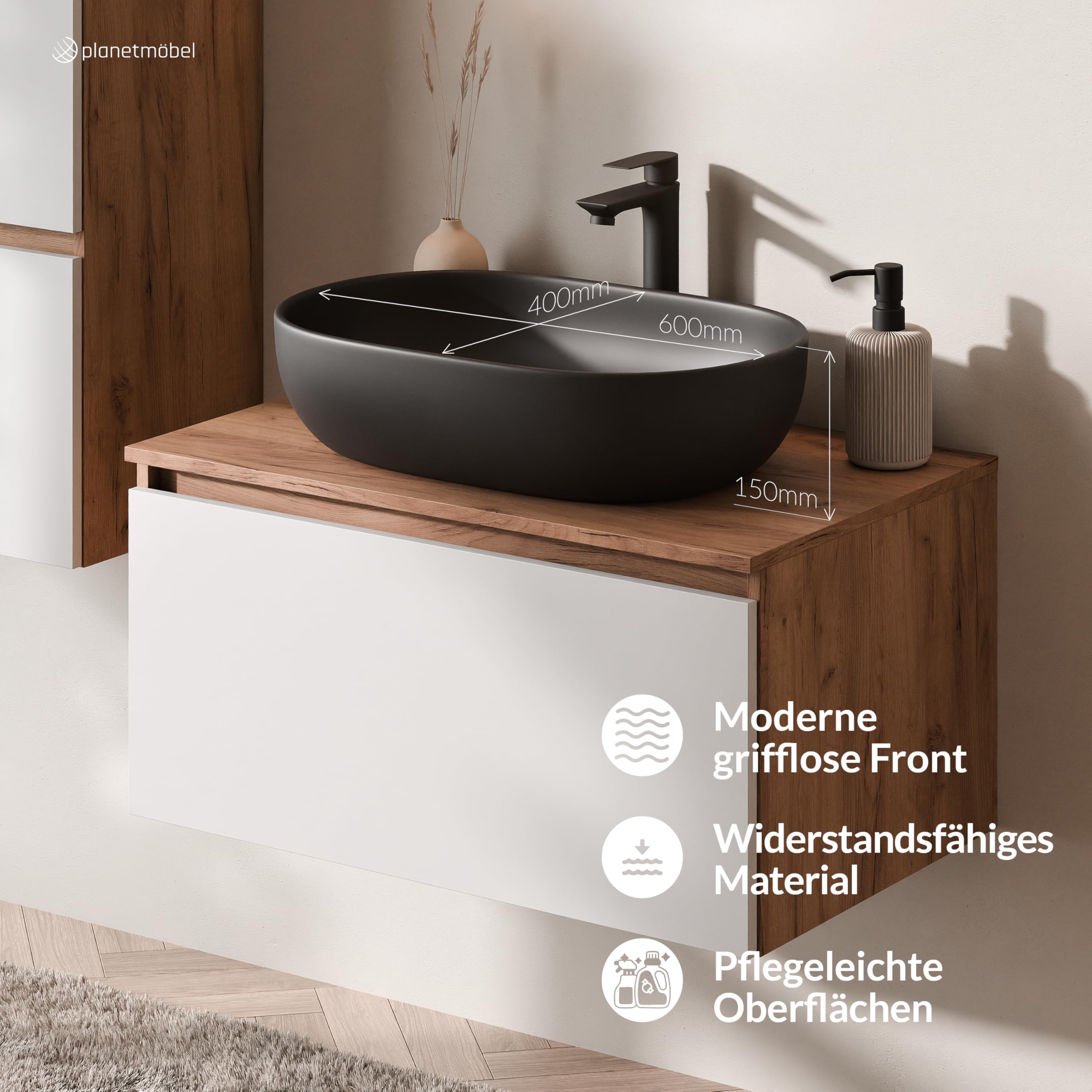 Planetmöbel Arisa Badmöbel Set Waschtisch mit Unterschrank 80 cm Gold Eiche weiß mit ARIA Spiegelschrank und Hochschrank, Waschbecken 60 cm schwarz, inkl. Raumsparsiphon