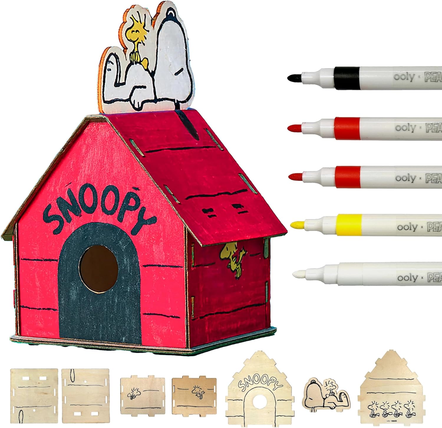 Ooly x Peanuts Snoopy Birdhouse Kit, Build & Paint Wooden Craft with 5 Acrylic Paint Markers, Twine & Instructions, Kids Craft Set Featuring Snoopy & Woodstock