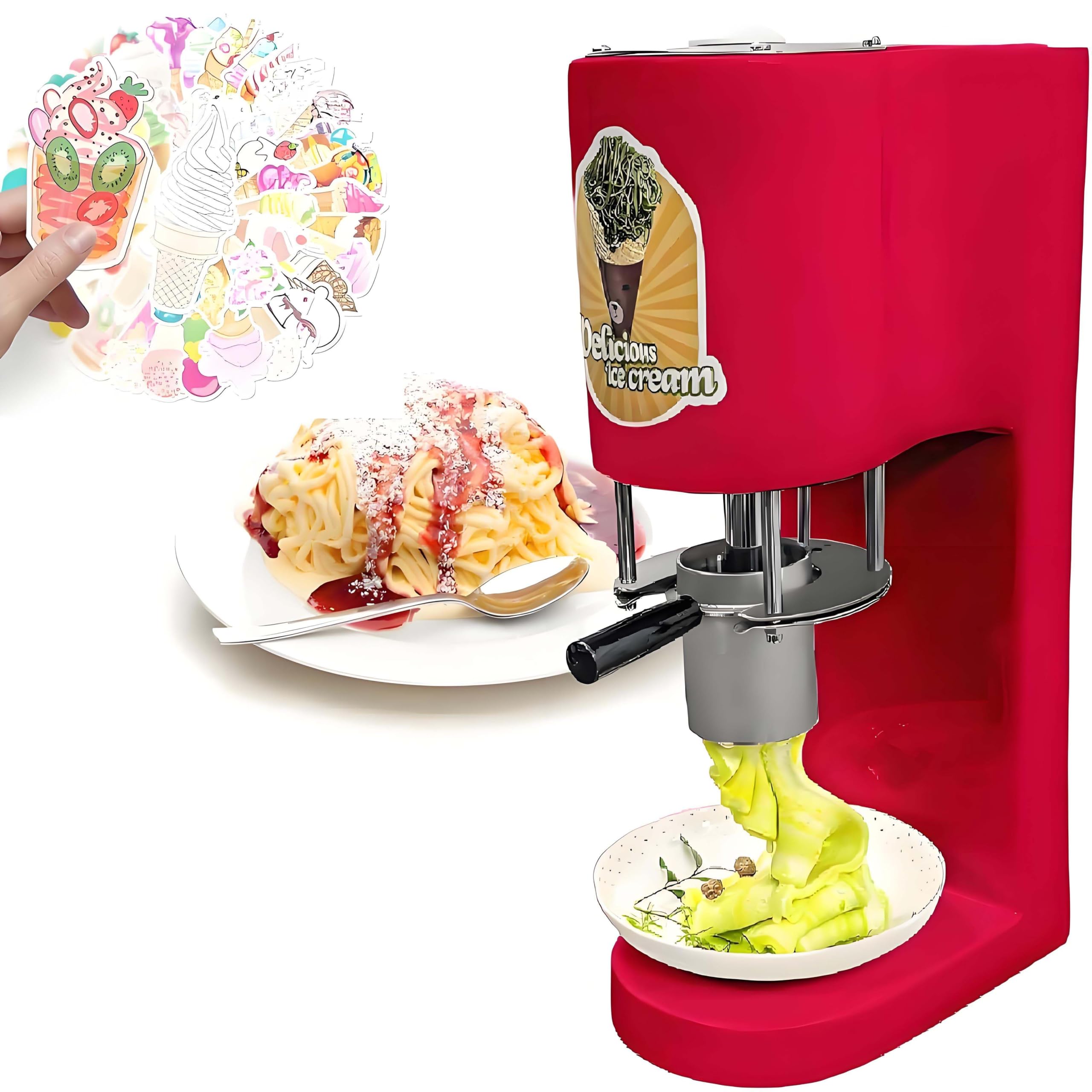 Professionelle Spaghetti-Eismaschine, 0,42-Liter-Edelstahlbehälter, 28–30 l/h hohe Kapazität für Softeis in 4 Formen, lustige Nudeleis- und Sorbetmaschine für Kinder und Familienfeiern red