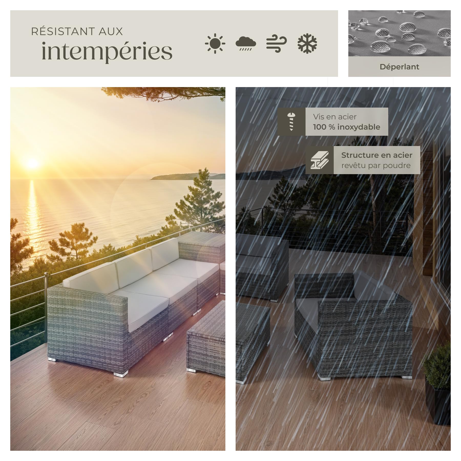 TecTake® Salon de Jardin Exterieur 5 Places en Resine Tressee Modulable 5 Fauteuil Jardin Coffre de Rangement et Table en Verre Inclus pour Amenagement Balcon Terrasse - Gris