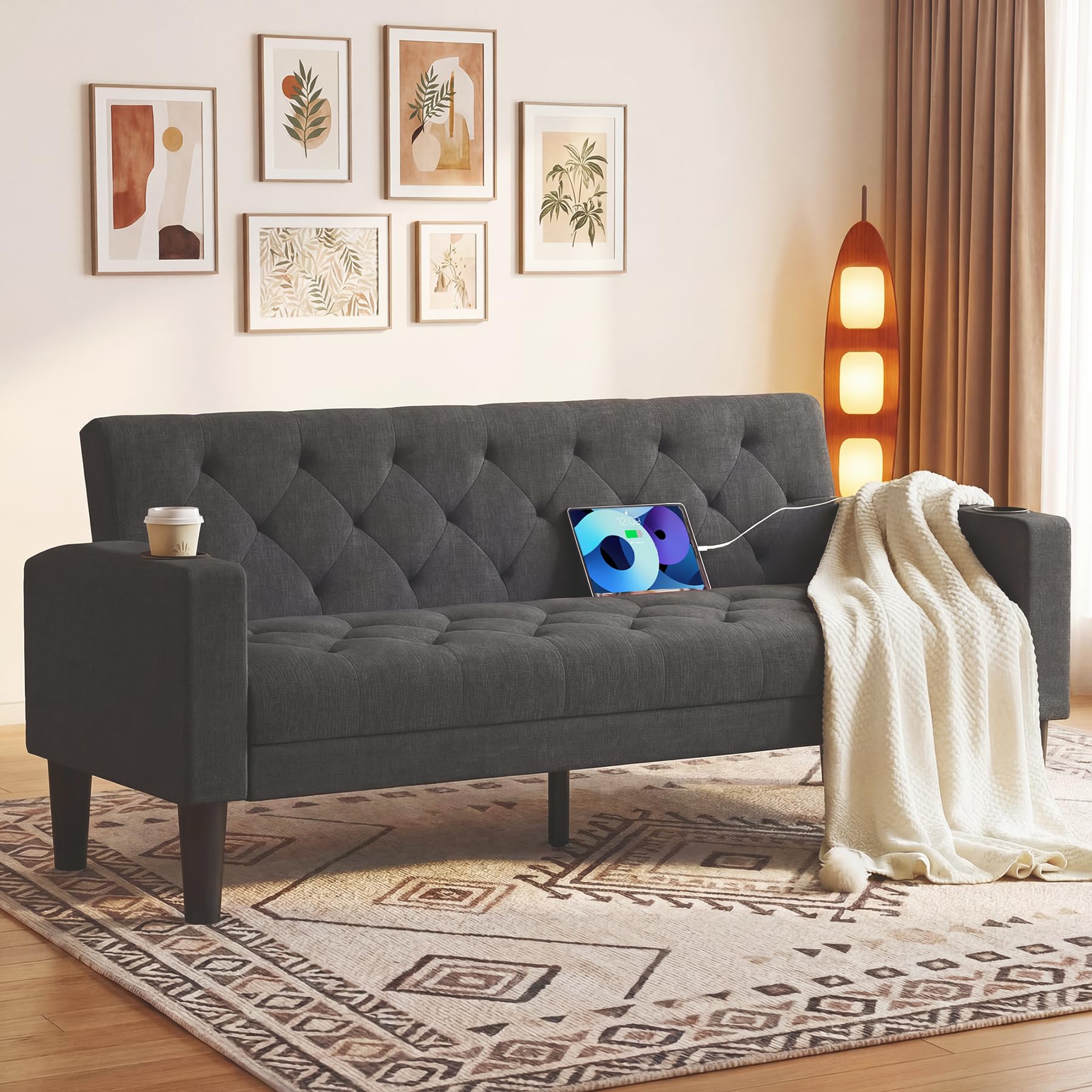 ROCSUMOO Sofa 2 Seater 157cm Comfy Loveseat with 2 USB Ports 2 Cup Holders Upholstered Linen Fabric Small Sofa for Living Room & Office, Drak Gray