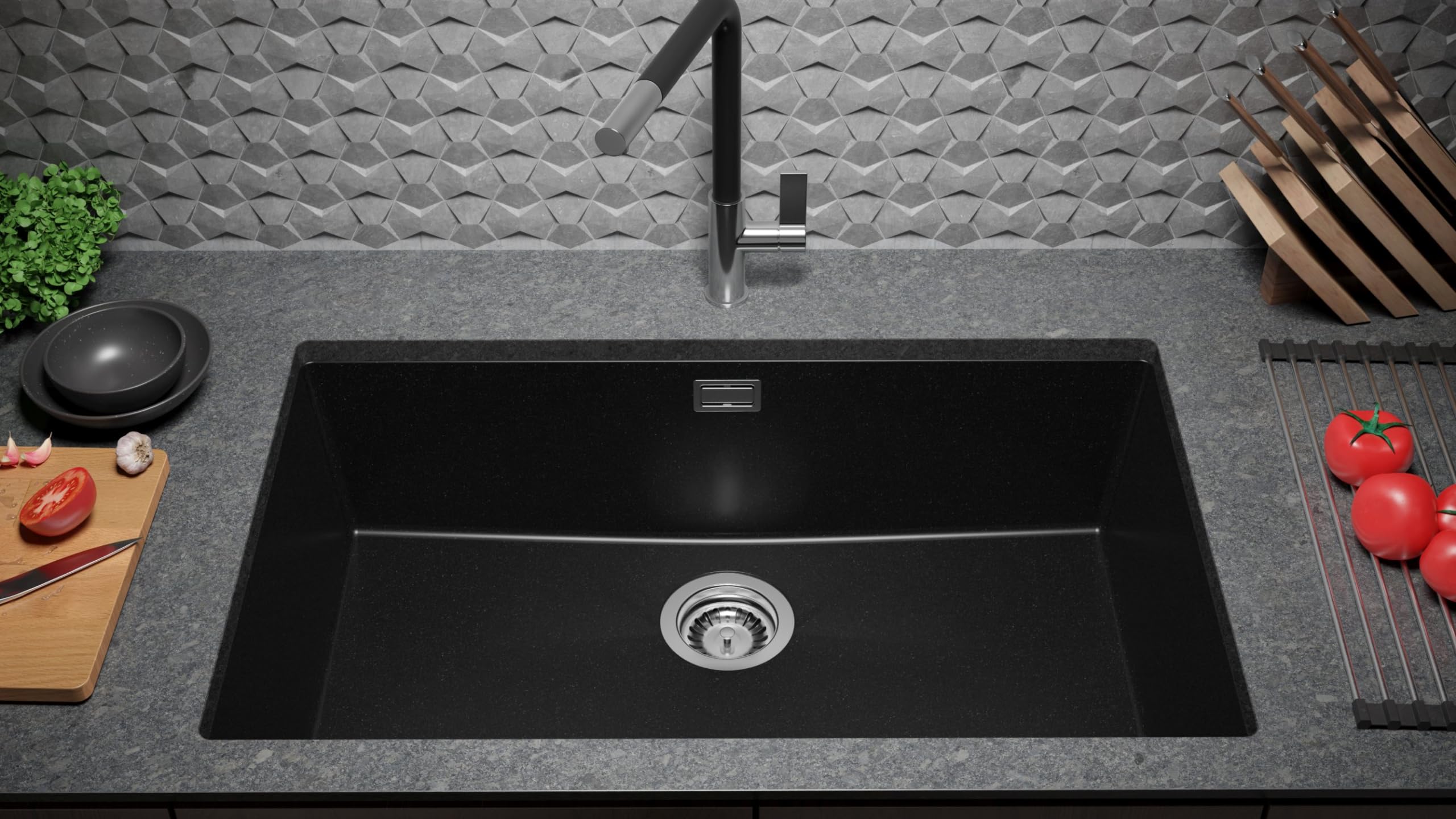 PRIMAGRAN Fregadero bajo Encimera Negro 76x47cm, Cocina 1 Seno + Sifón, Granito al Mueble 80cm - London S477