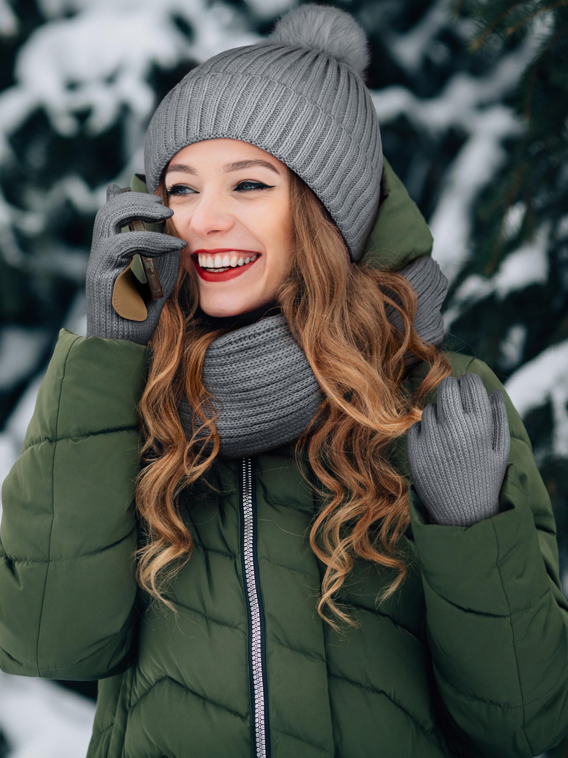 LOROME Damen Winter Beanie Mütze Schal Handschuhe Set Fleece Strick Pompon Mütze Warm Halstuch Touchscreen Handschuhe Winter Geschenk