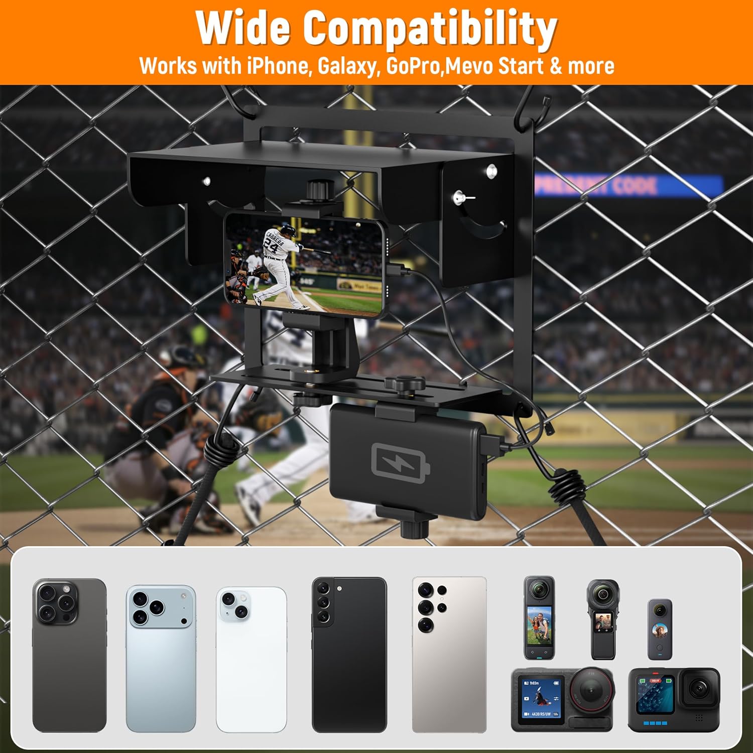 Cell Phone Fence Mount with Sunshade, Camera Fence Clip Holder Mounting Kit for Game Changer, Fence Mount with Power Bank Clip for iPhone & Action Cameras, for Recording Baseball, Tennis, Sports Games