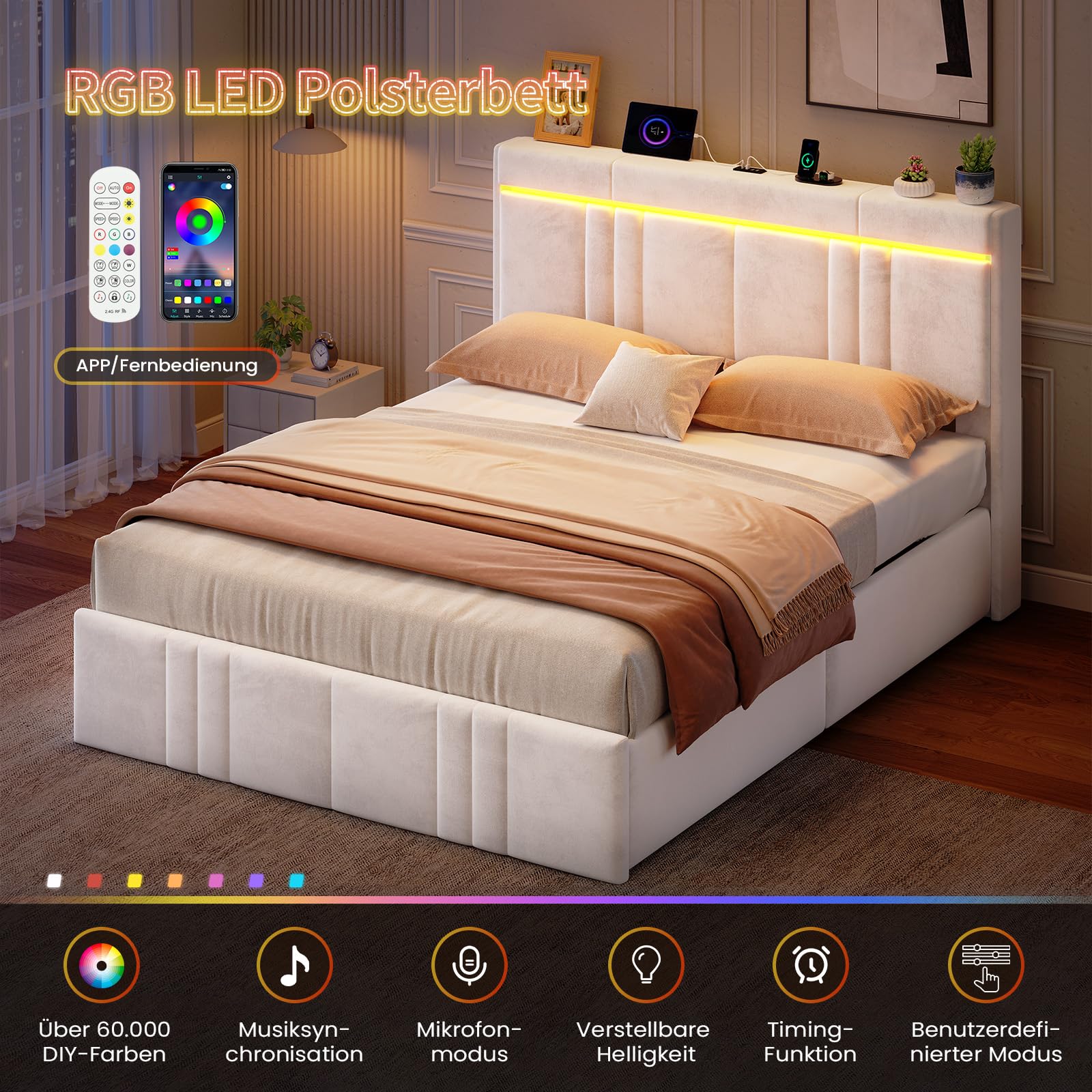 AOGLLATI Polsterbett 140×200 mit Stauraum Jugendbett 140×200 mit Steckdosen und LED-Beleuchtung, 30cm Hydraulischer Stauraum, Bettgestell mit Lattenrost aus Holz, Edler Samtstoff (Beige,140x200cm)