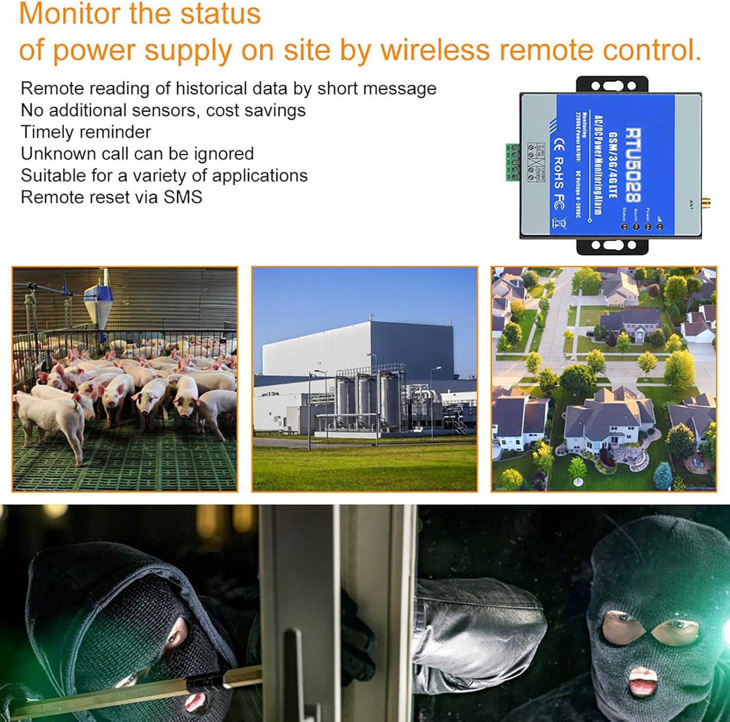 GSM Alarm System, RTU5028 GSM 4G 3G Power Voltage Status Monitoring Power Failure Recover Alarm SMS Alert, for Home Warehouse Security