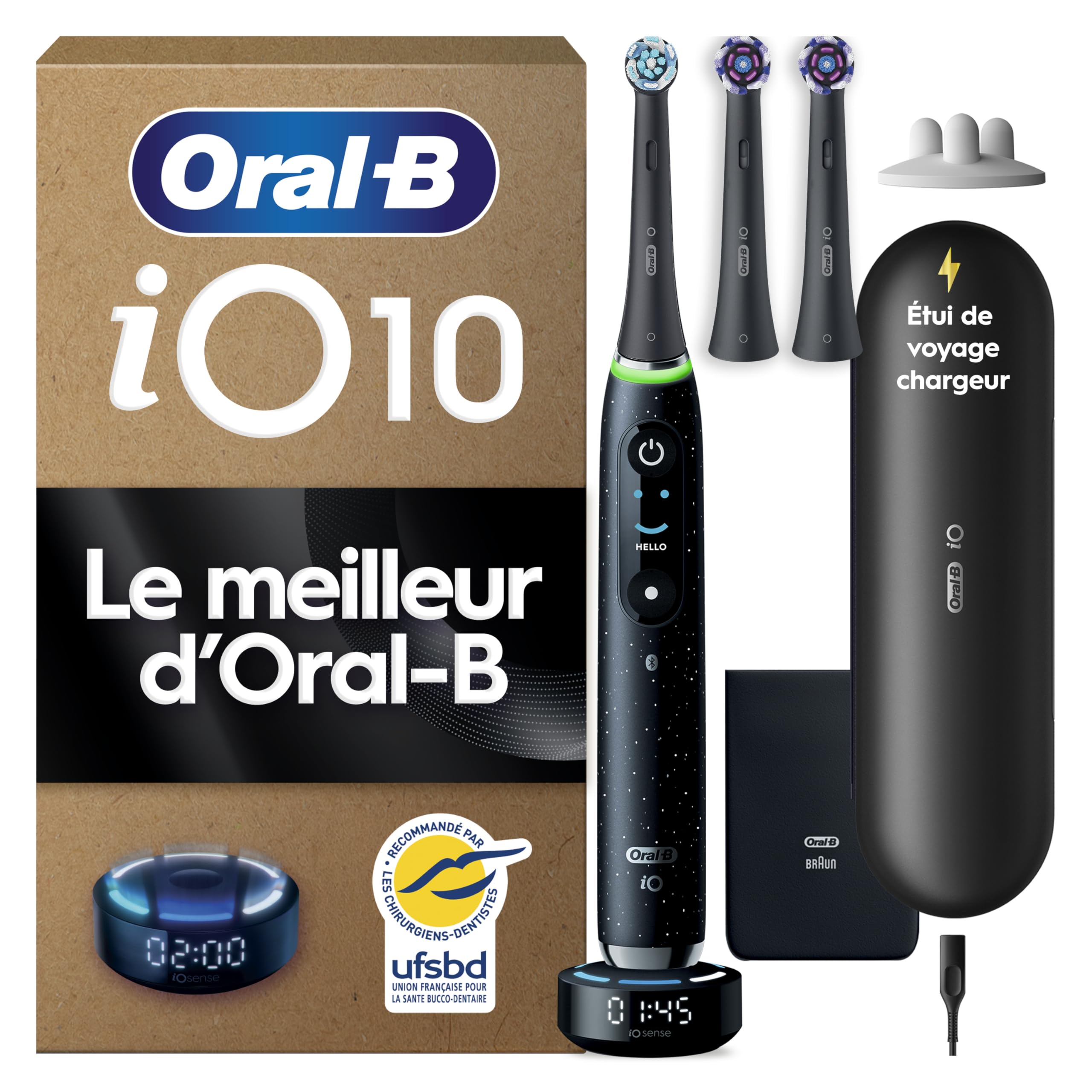 Oral-B Brosse à Dents Electrique iO 10 avec Brossette de Rechange, Noire – 7 Modes dont Blancheur et Soin des Gencives, Capteur de Pression, Batterie Rechargeable, Coach de Brossage, Etui