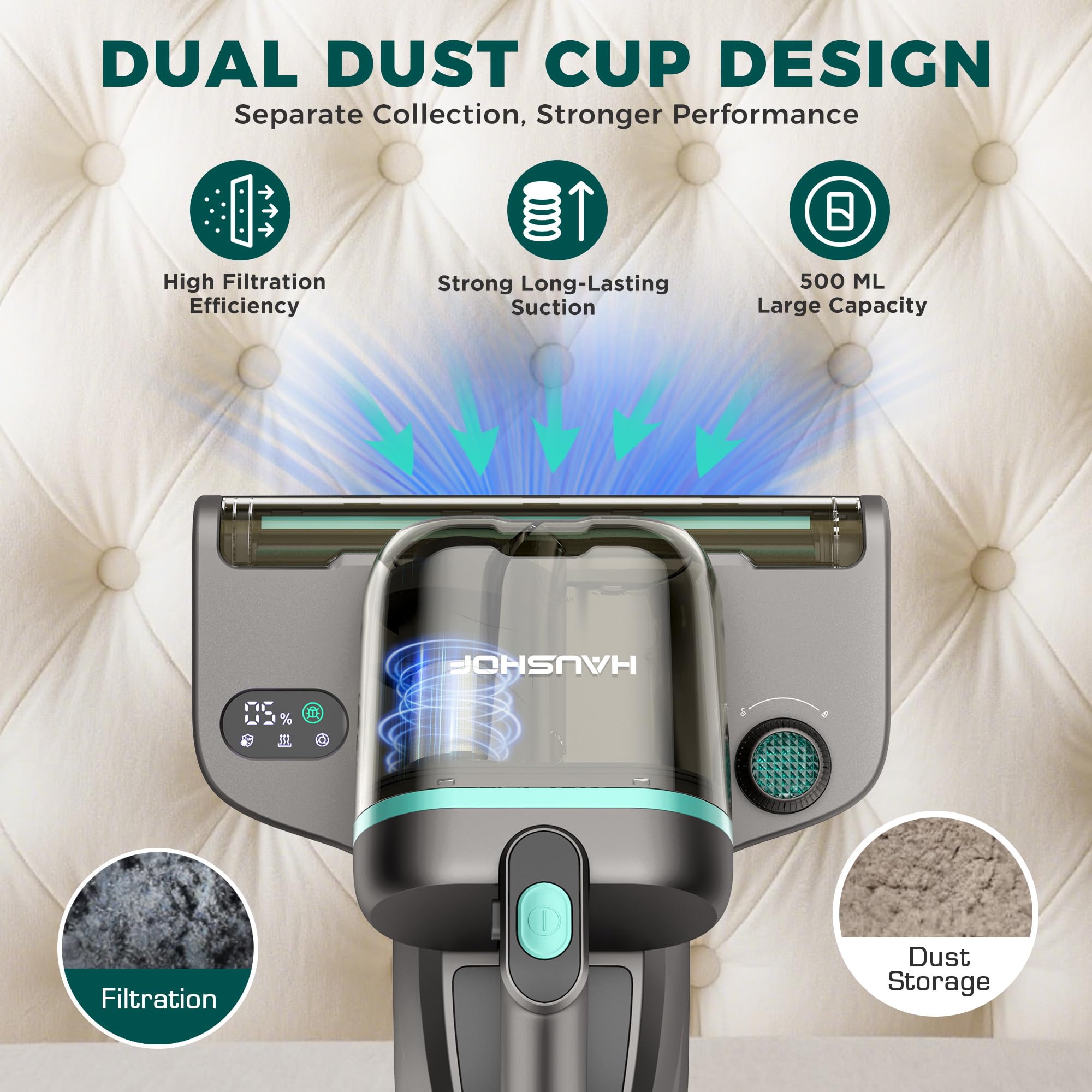HAUSHOF Odkurzacz do materacy z lampą UV 275 nm, mocy 400 W i siłą ssania 15 kPa, podwójnym pojemnikiem na roztocza z filtrem HEPA, gorące powietrze 60°C i aromaterapia, do łóżek i sof