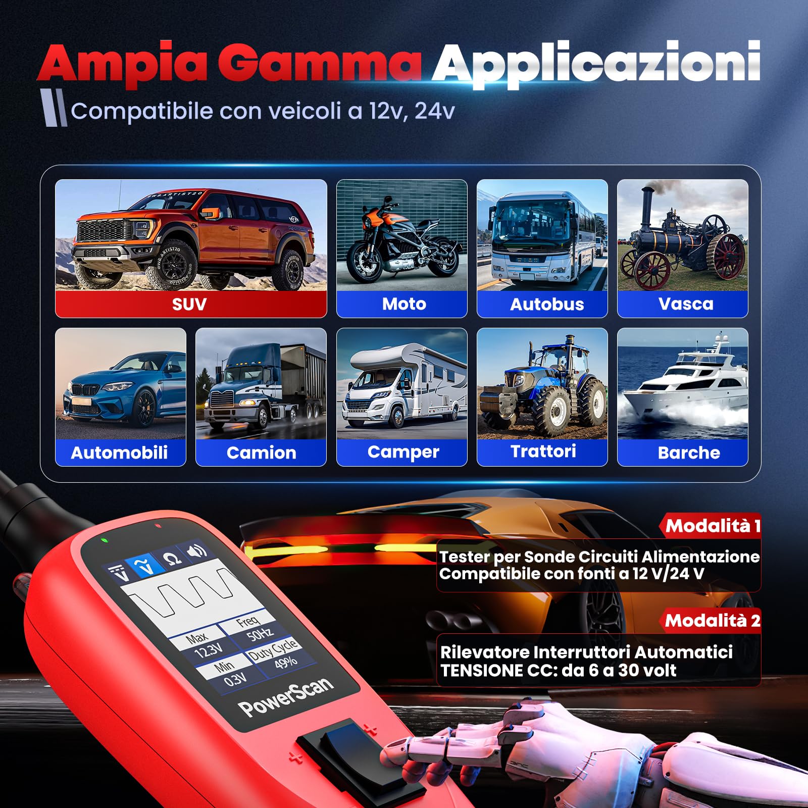 2026 Autel PowerScan PS100 Tester Circuiti Auto, Strumento Sonda Circuiti Alimentazion, Rilevatore Cortocircuiti Elettrici 12-24V, Resistenza Corrente CA/CC, Ciclo Lavoro & Prolunga 6M per Auto al 99%