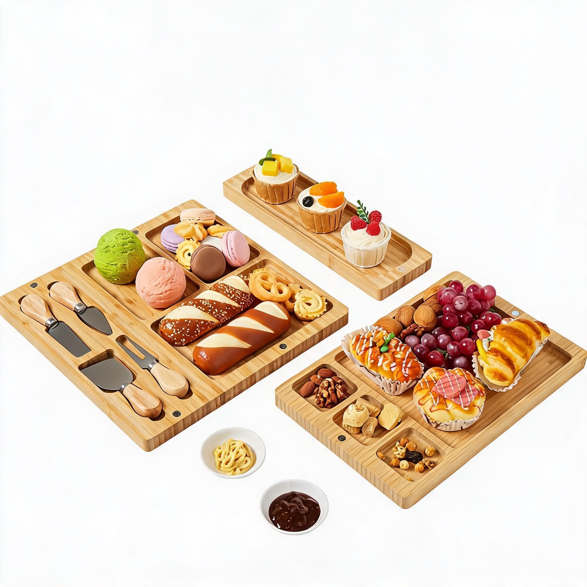 Käsebrett Mit Käsemesser Set, Servierplatte 3-Teilig Aus Bambus, 32 cm
