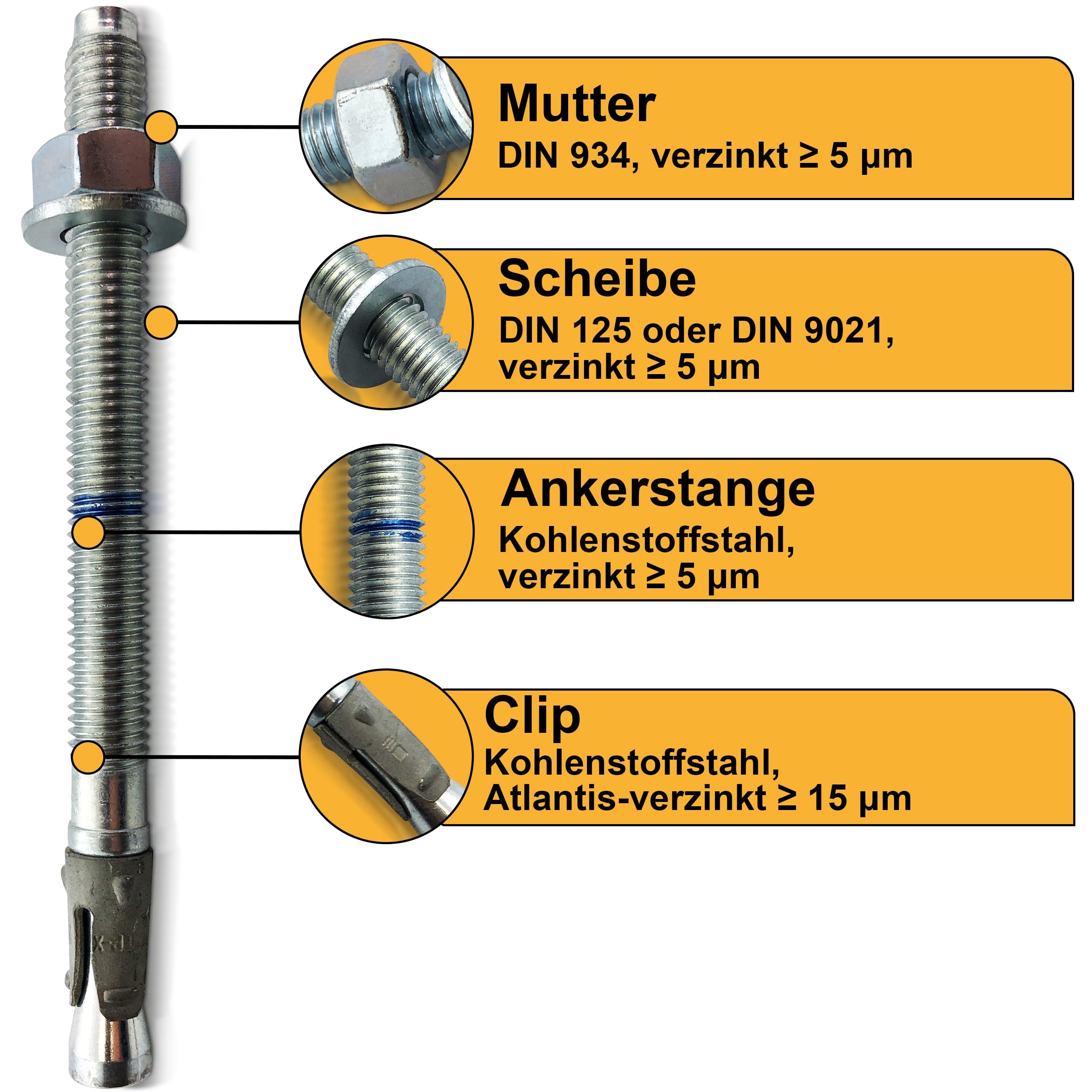 Tasselli professionali per carichi pesanti M12 x 220 – 10 pezzi | zincati – Omologazione ETA | Opzione 1 per calcestruzzo incrinato e incrinato | Ancoraggio per carichi elevati | Bulloni di ancoraggio