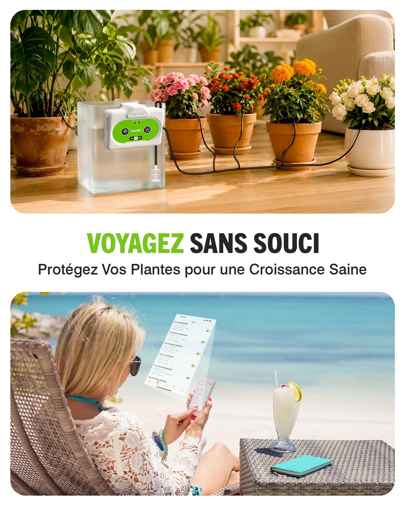 RAINPOINT Arrosage Automatique Interieur WiFi, Contrôle à Distance via APP, Arroseur Automatique pour Plantes d’Intérieur, Arrosage Goutte à Goutte avec Batterie Rechargeable, Jusqu’à 15 Plantes