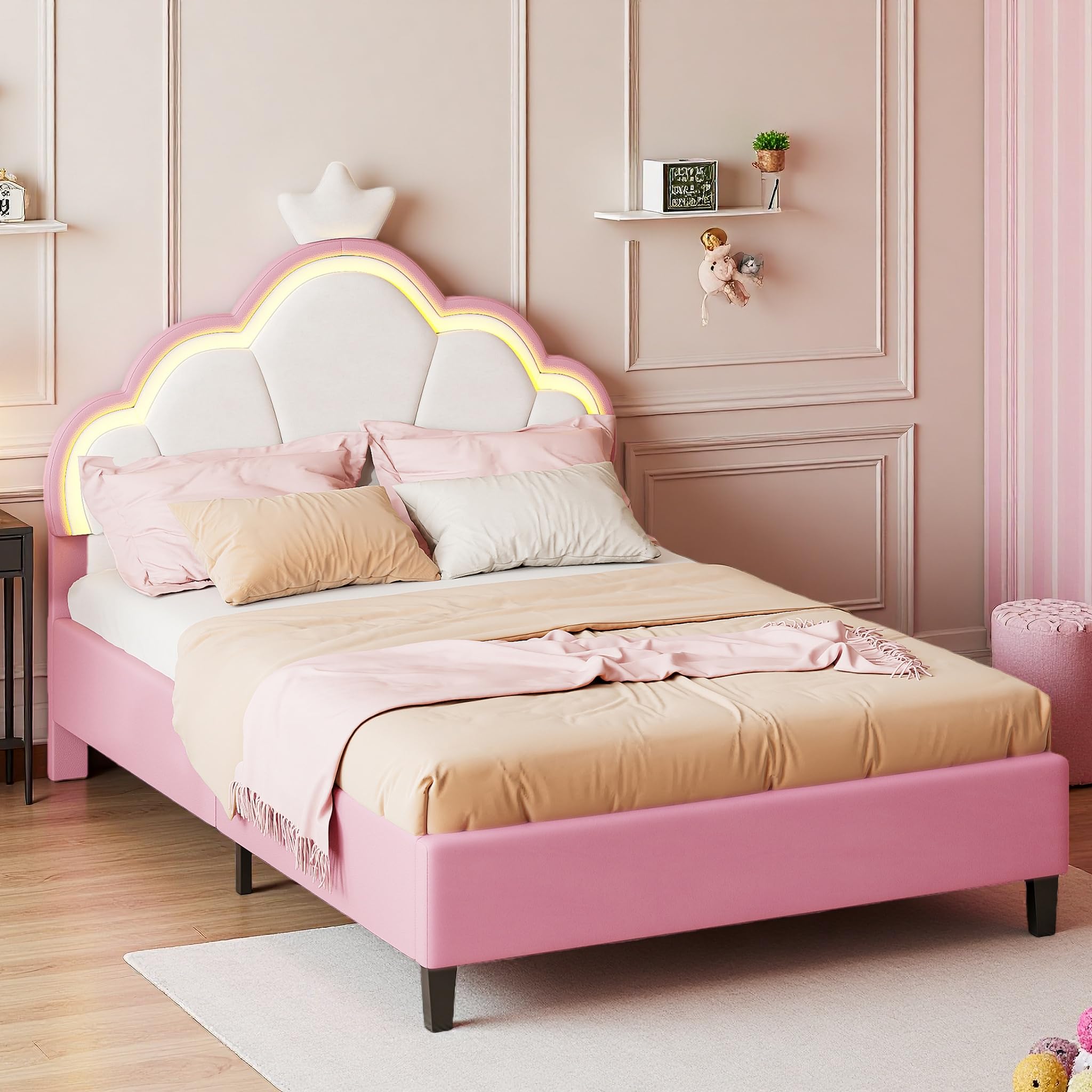 Lit Fille 90x200 cm, Lit Enfant Rembourré avec Tête de lit réglable et LED, Lit Princesse Fille avec Sommier à Lattes, Lit 1 Place Enfant, Rose, sans Matelas